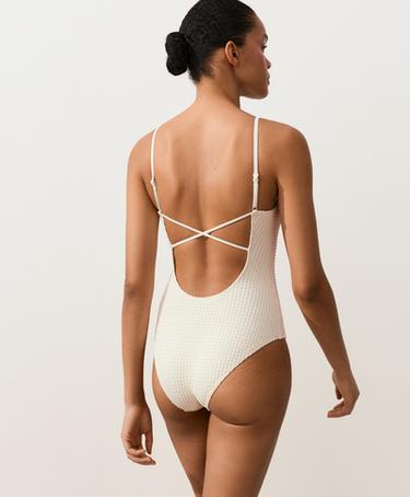 Bubble-texture crochet round neck swimsuit — ECRU 4