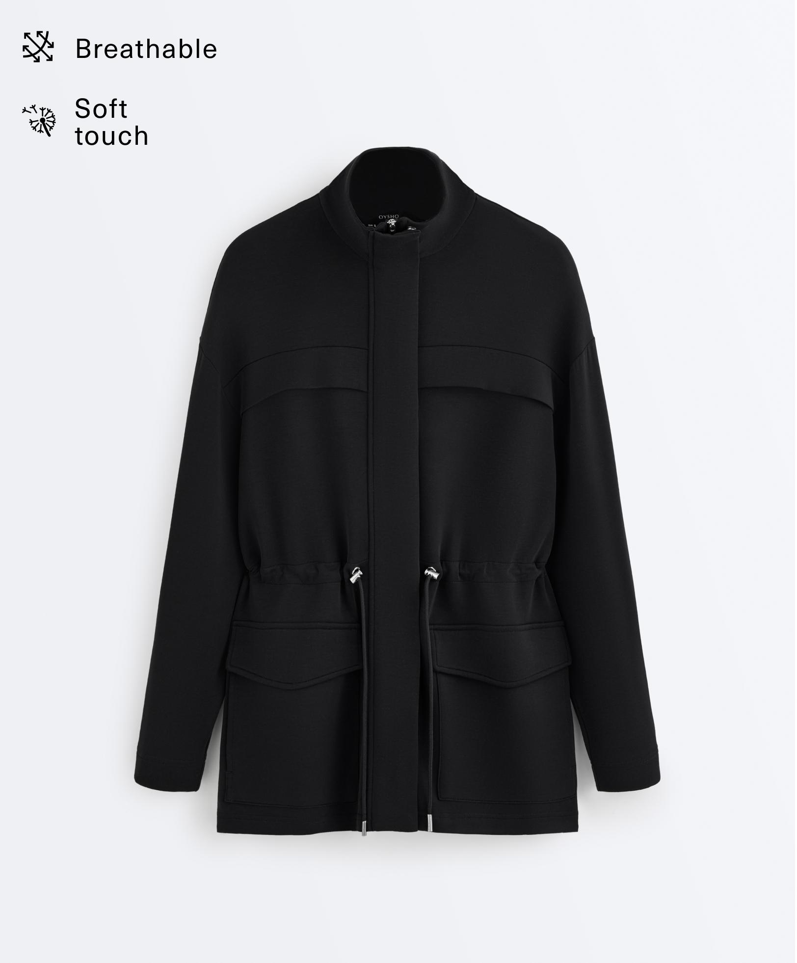 Long soft-touch modal jacket with pockets — BLACK