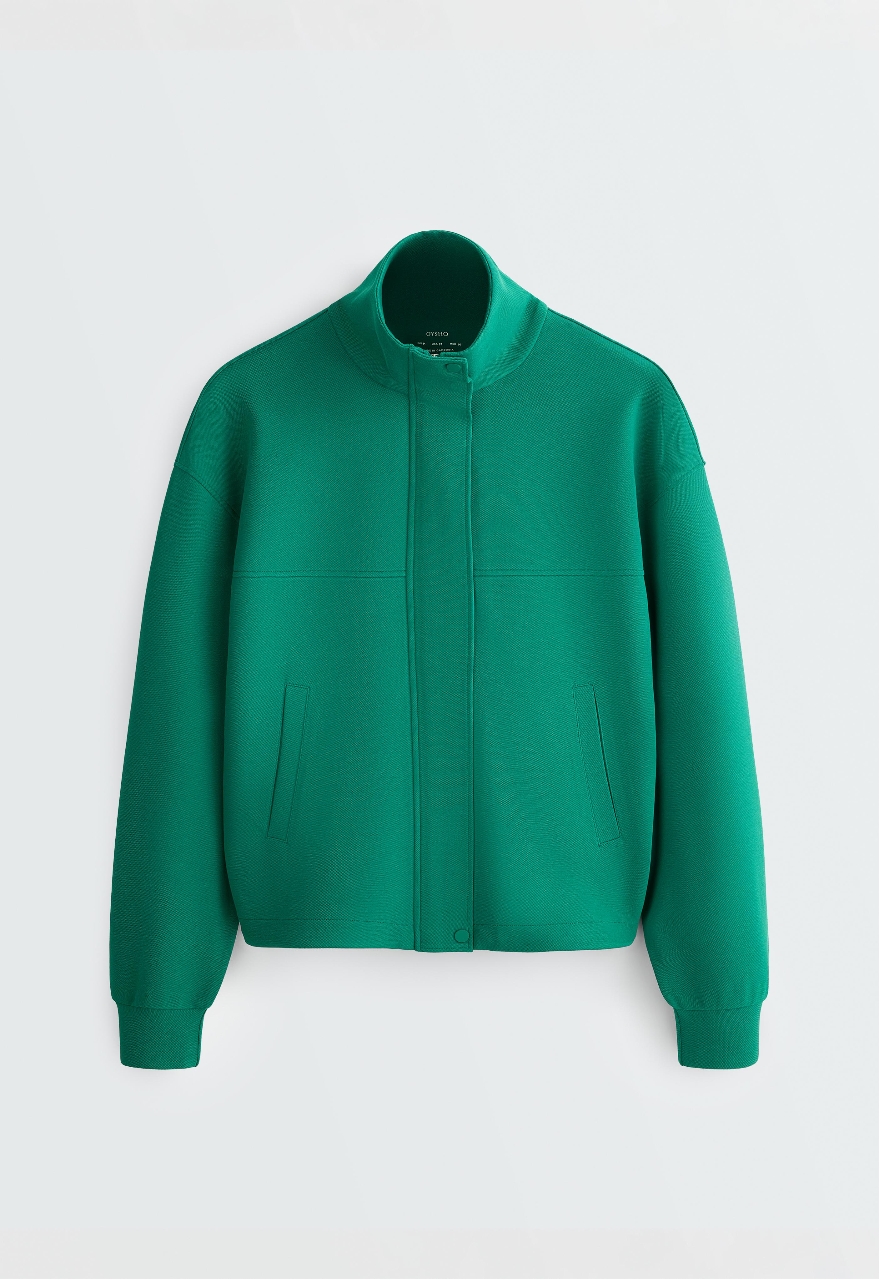 Cotton piqué jacket with raised neck — EMERALD GREEN