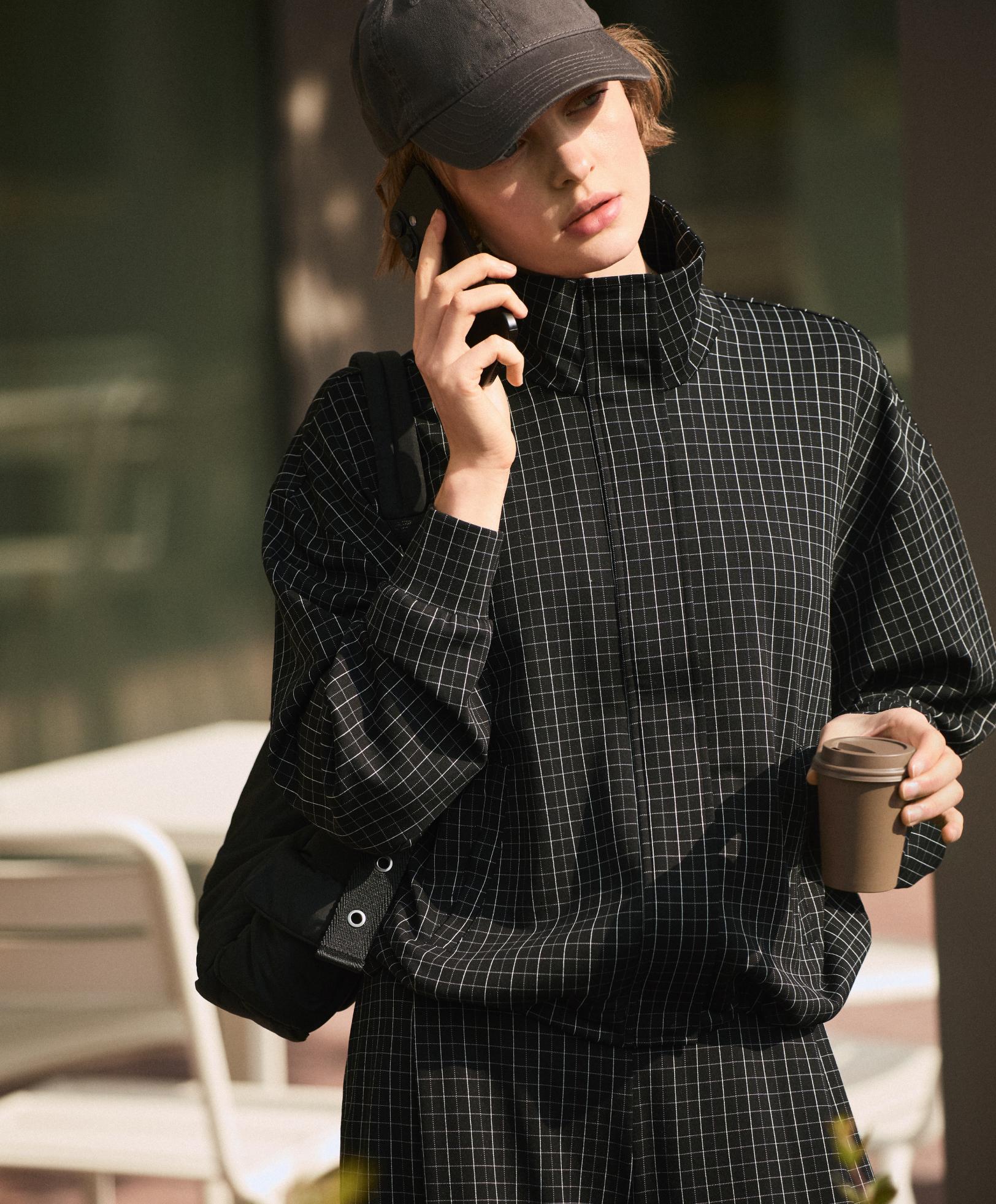 Check high neck jacket — BLACK