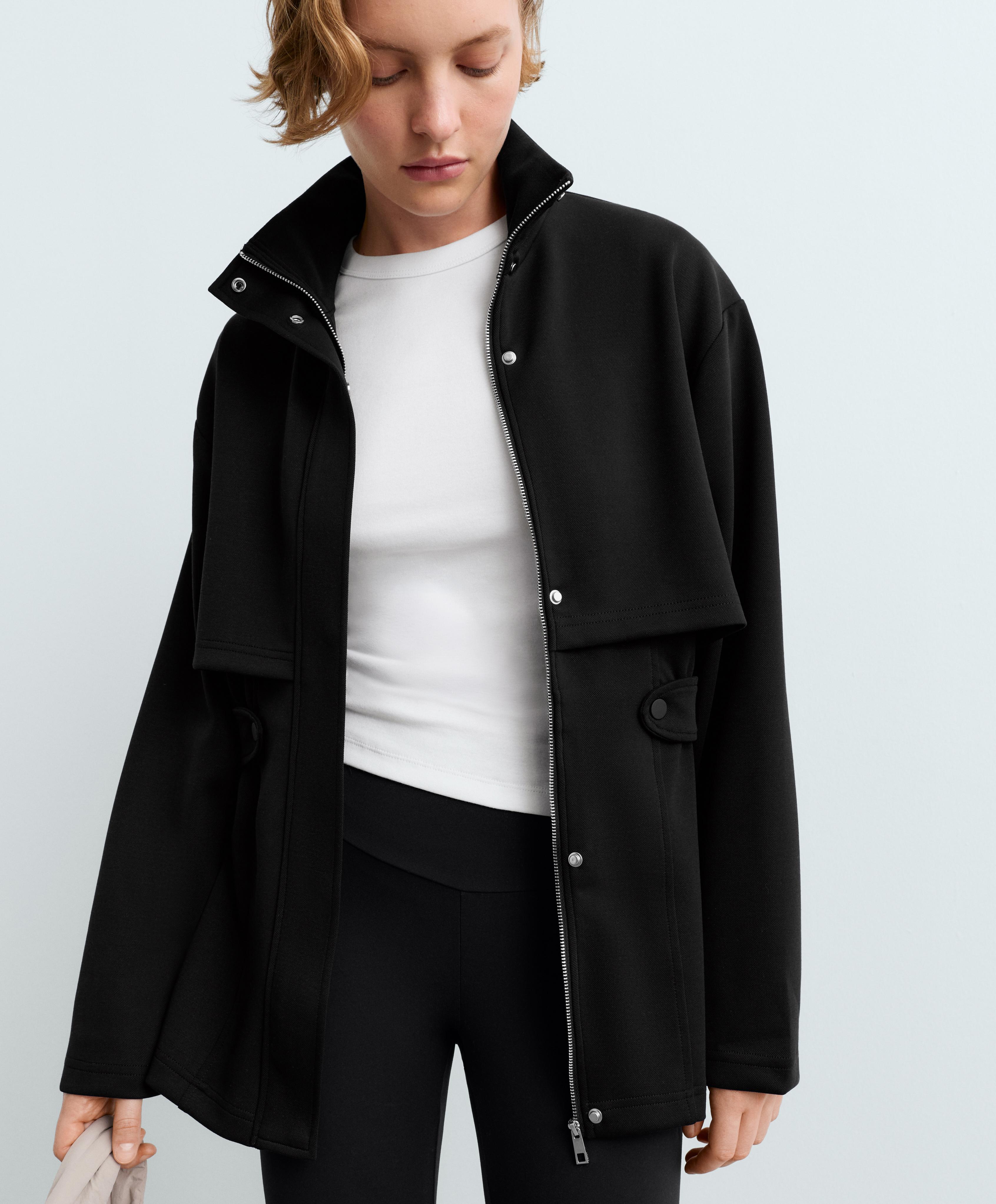 Long piqué jacket with belt — BLACK