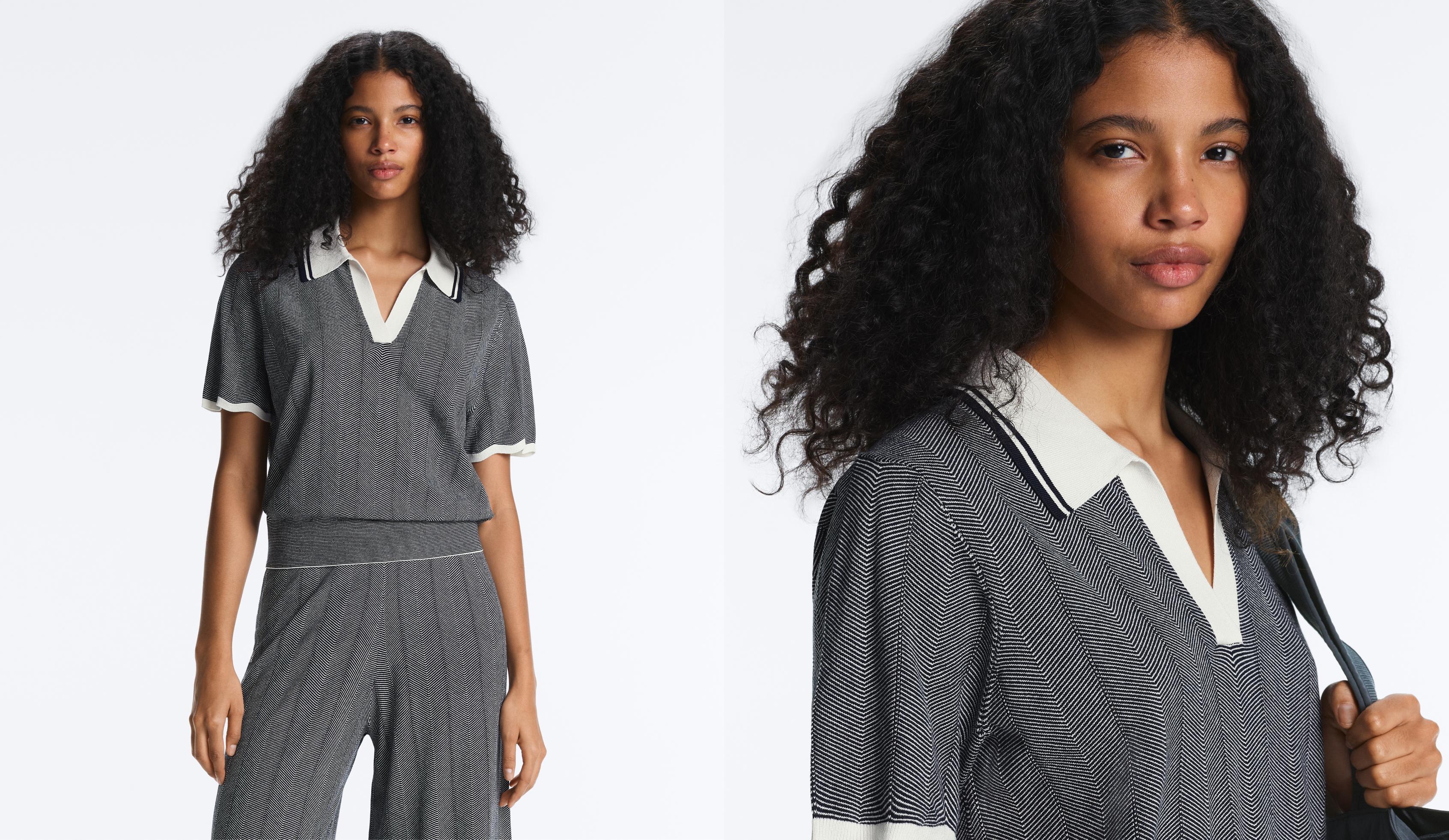 Herringbone short sleeve knit polo shirt — NAVY BLUE