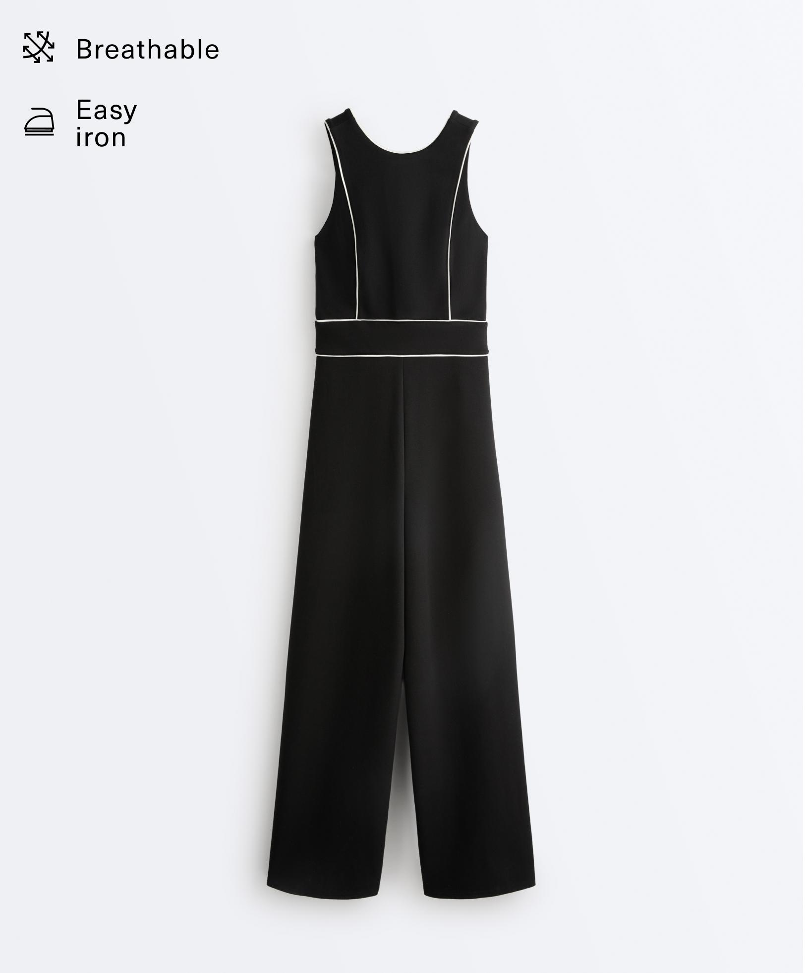 Long piping piqué jumpsuit with cotton — BLACK