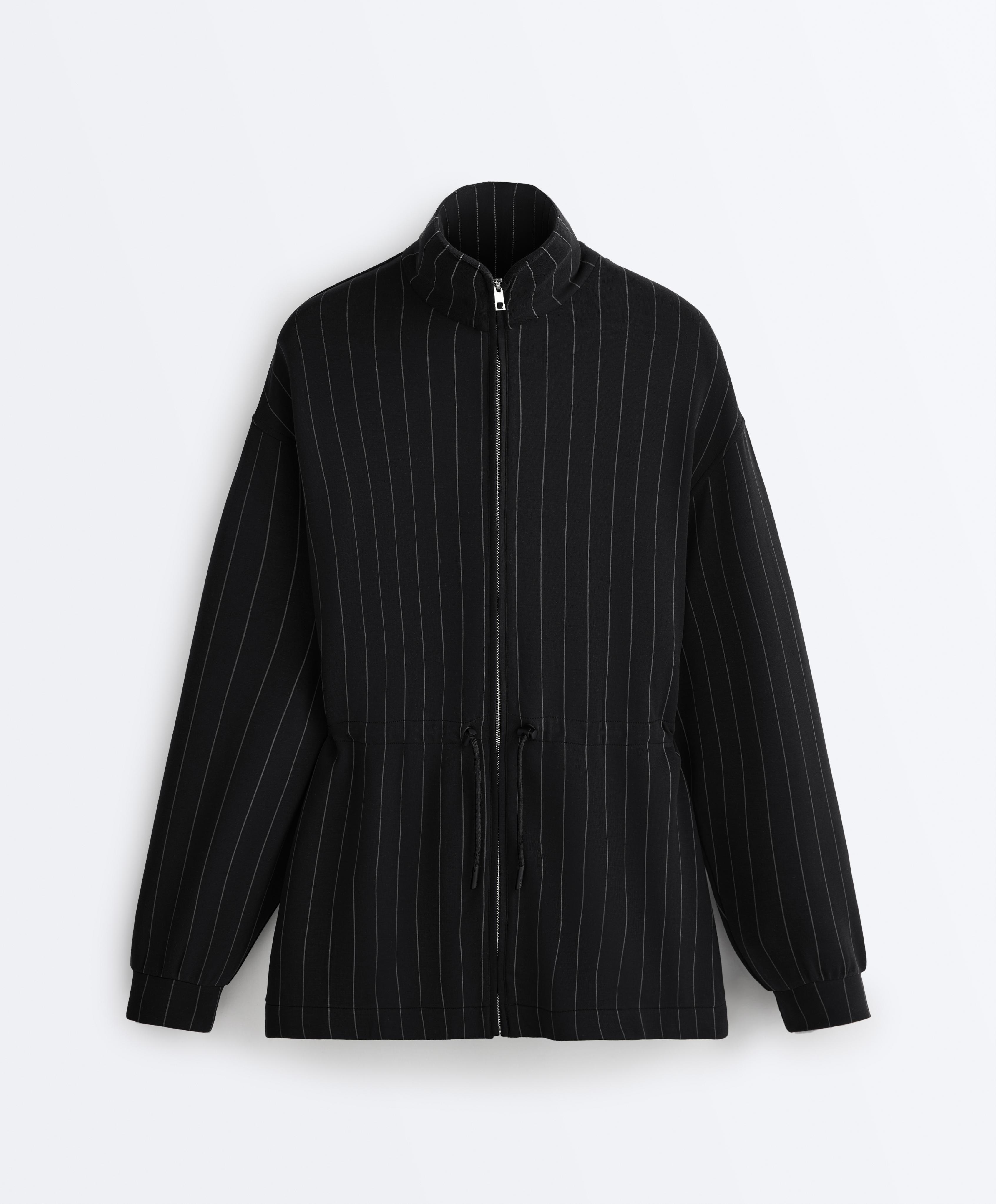 Long pinstripe jacket with adjustable waist and soft-touch modal — BLACK