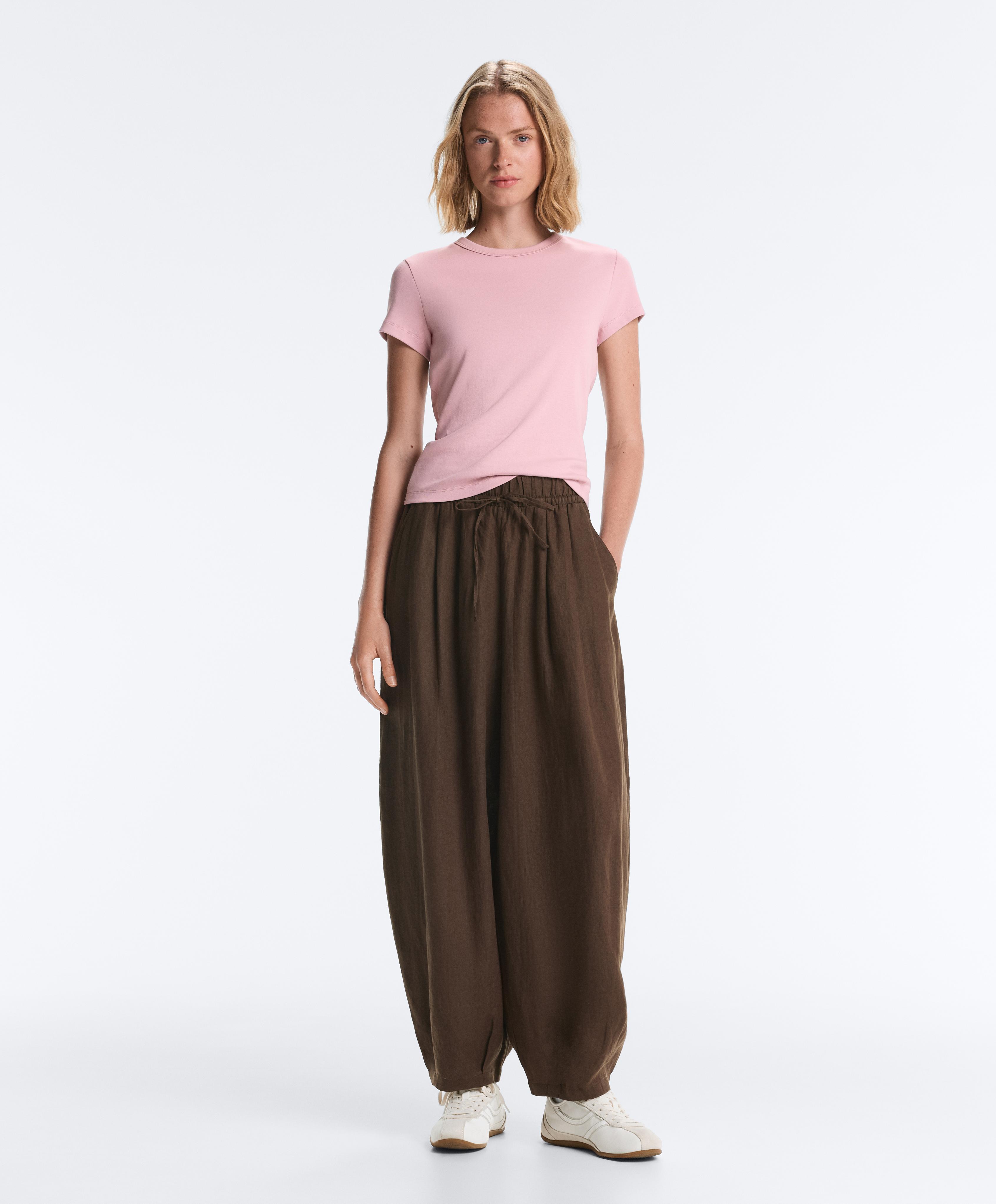 Fitted short sleeve rib T-shirt in cotton blend — PALE PINK