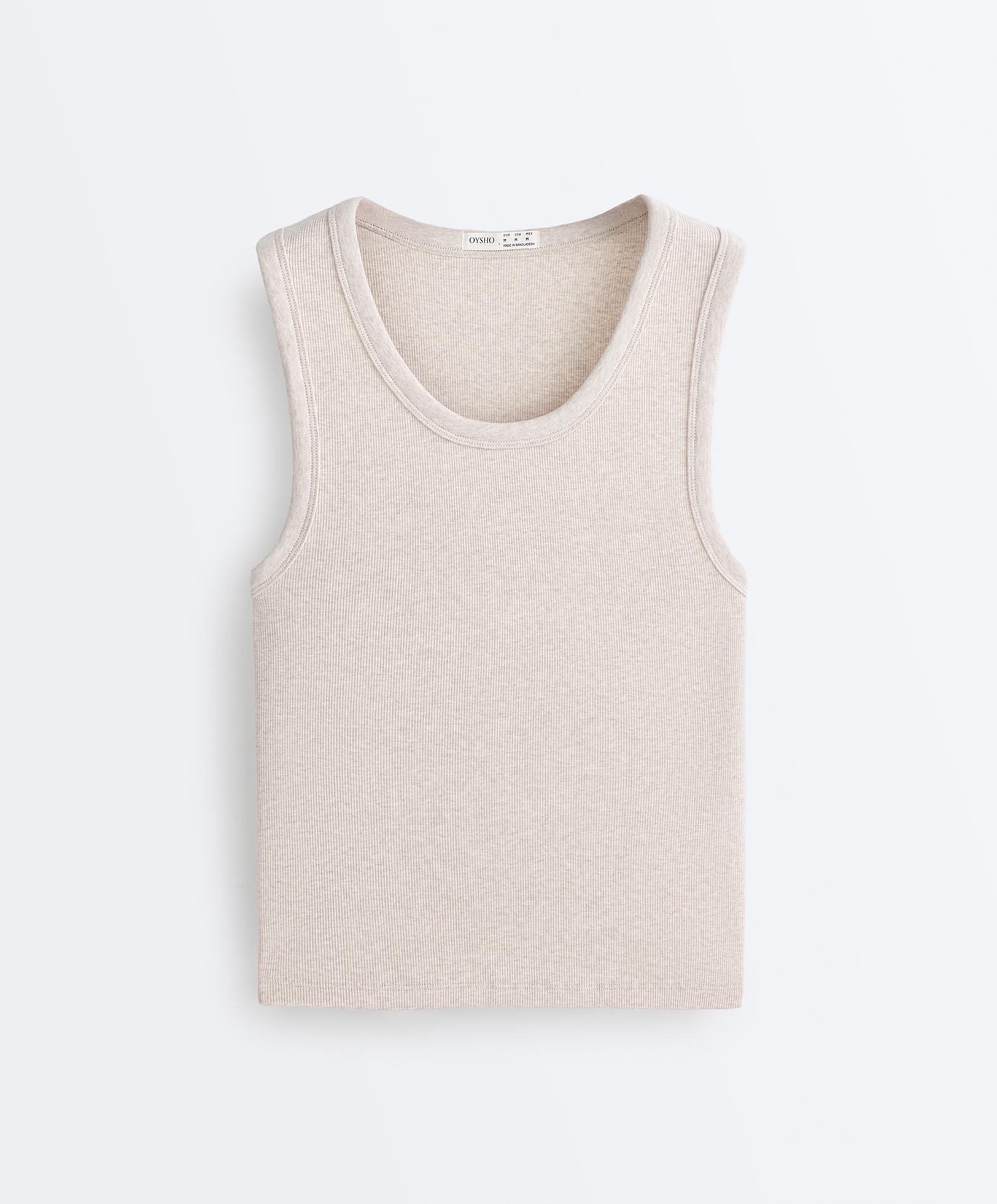 Rib T-shirt with wide straps, cotton and modal — SAND MELANGE