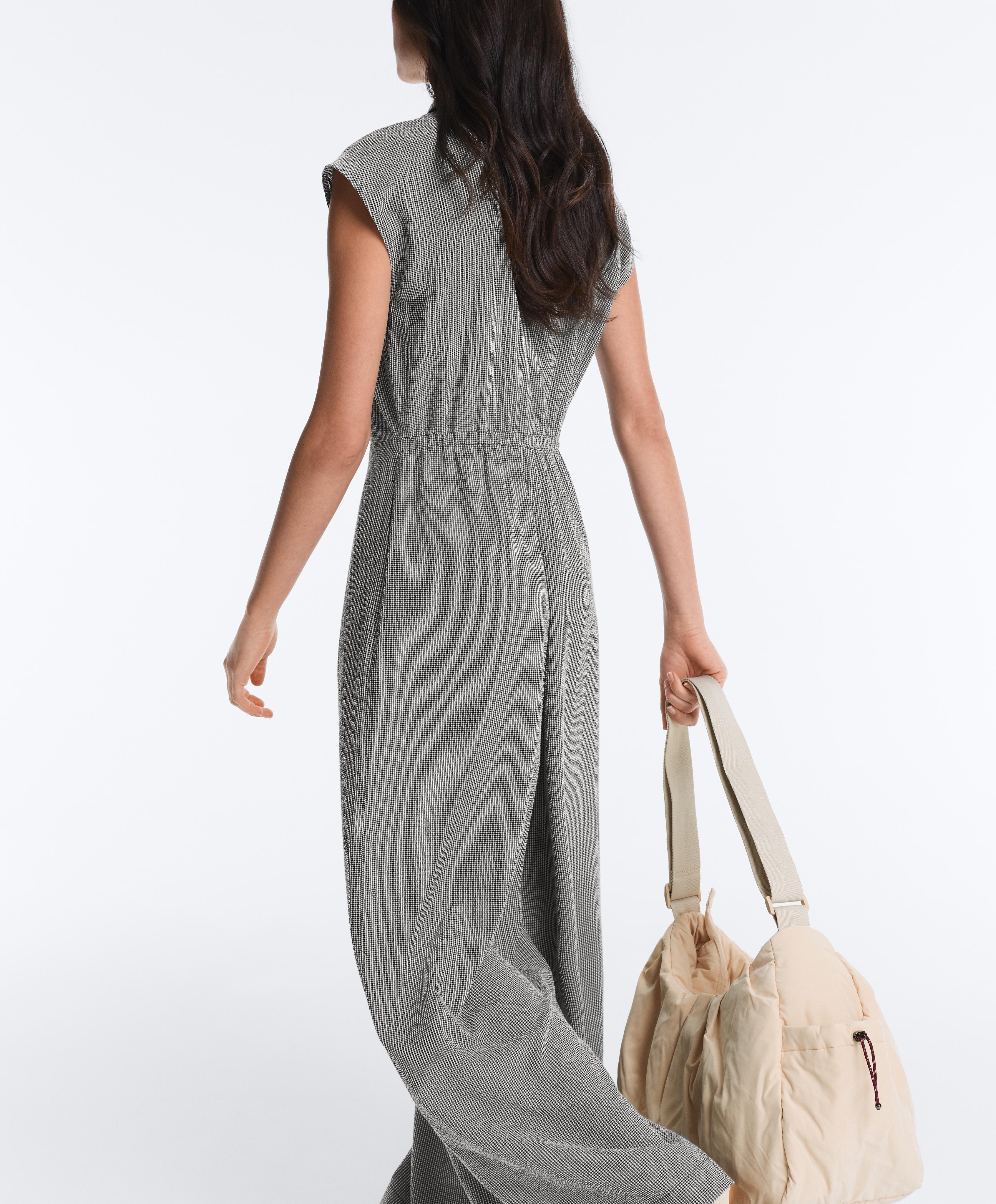 Long gingham jumpsuit with lapel collar and lyocell blend — DUSTY BLACK