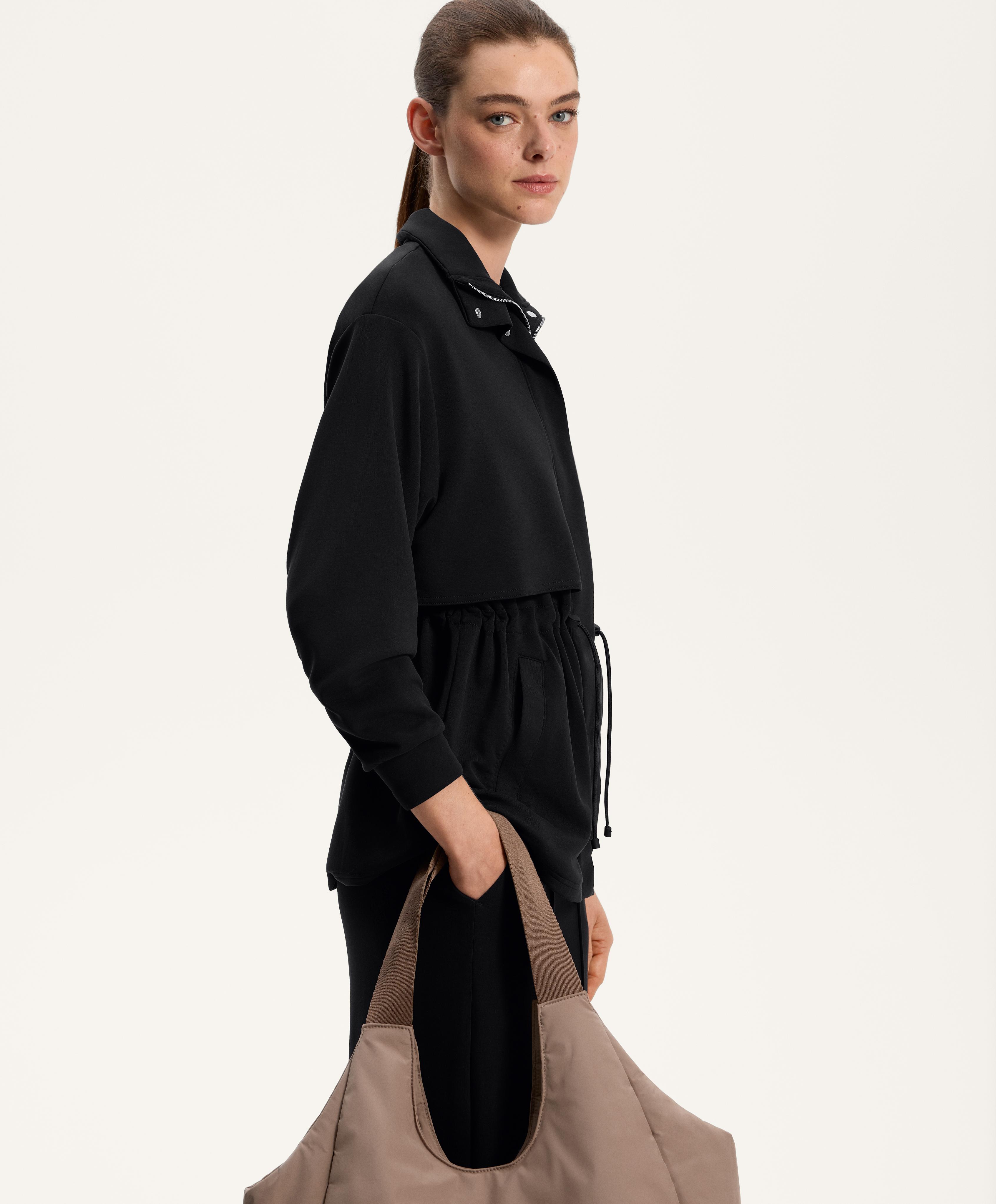 Long soft-touch jacket with modal and pockets — BLACK