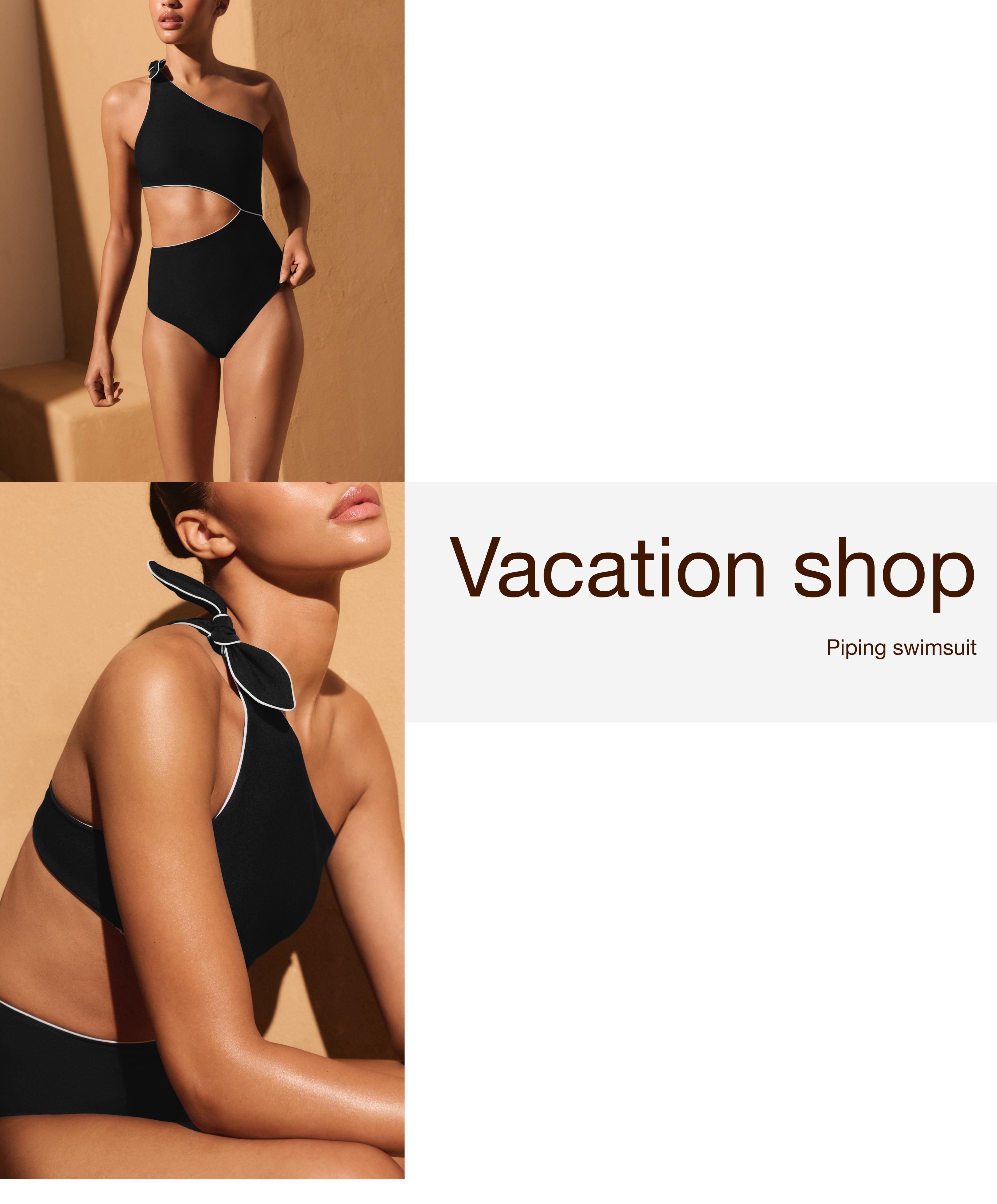 Asymmetric piping bow trikini — BLACK