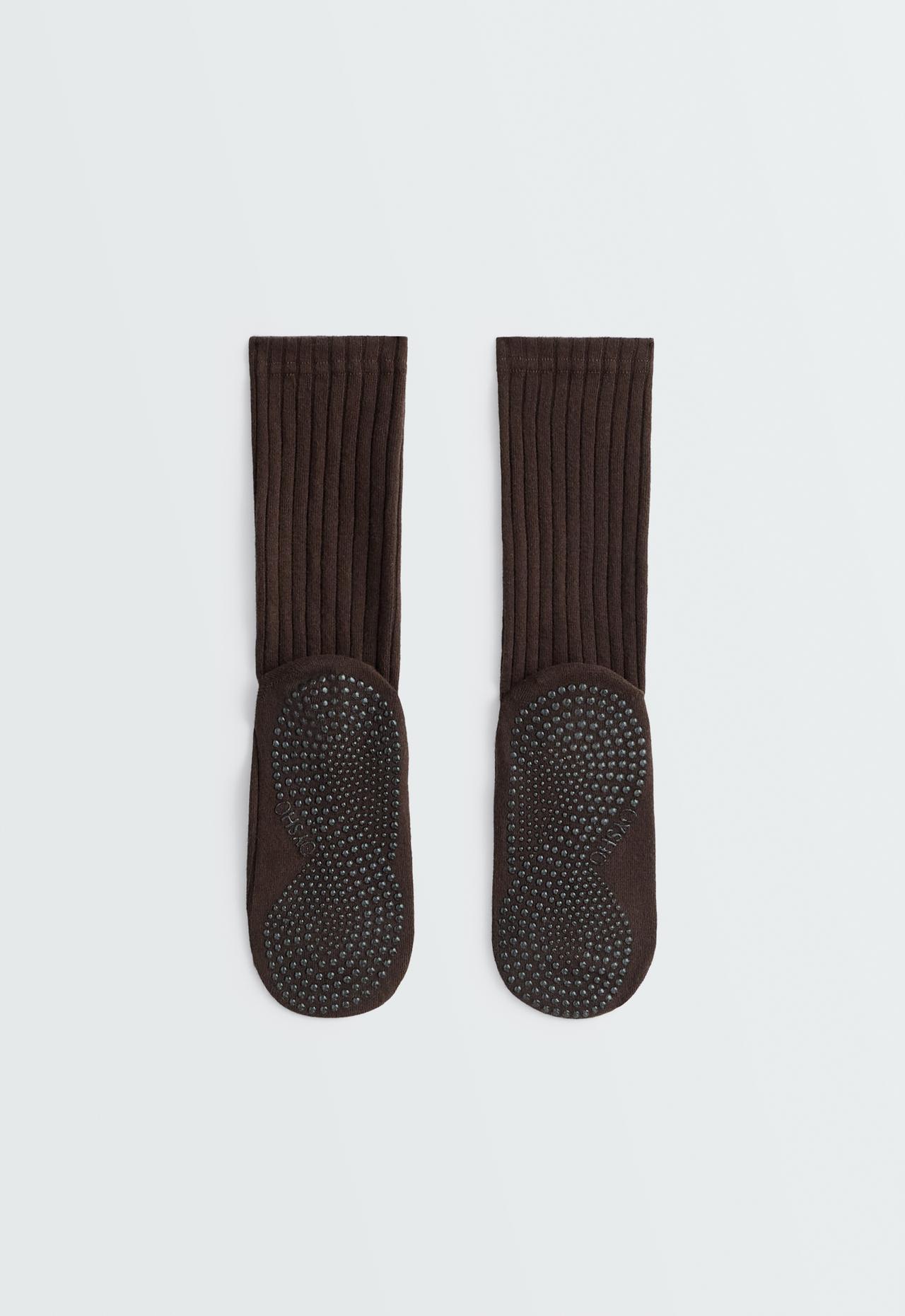 Long padded Classic yoga and Pilates sock, cotton blend with double straps — CHOCOLATE      