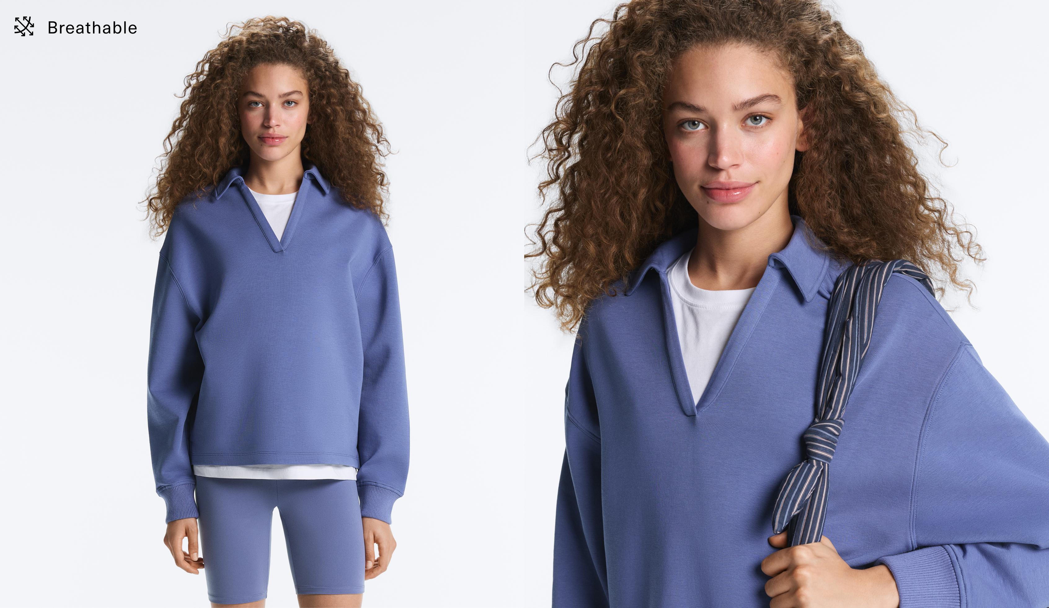 Cotton blend V-neck polo — BRIGHT GREY-BLUE