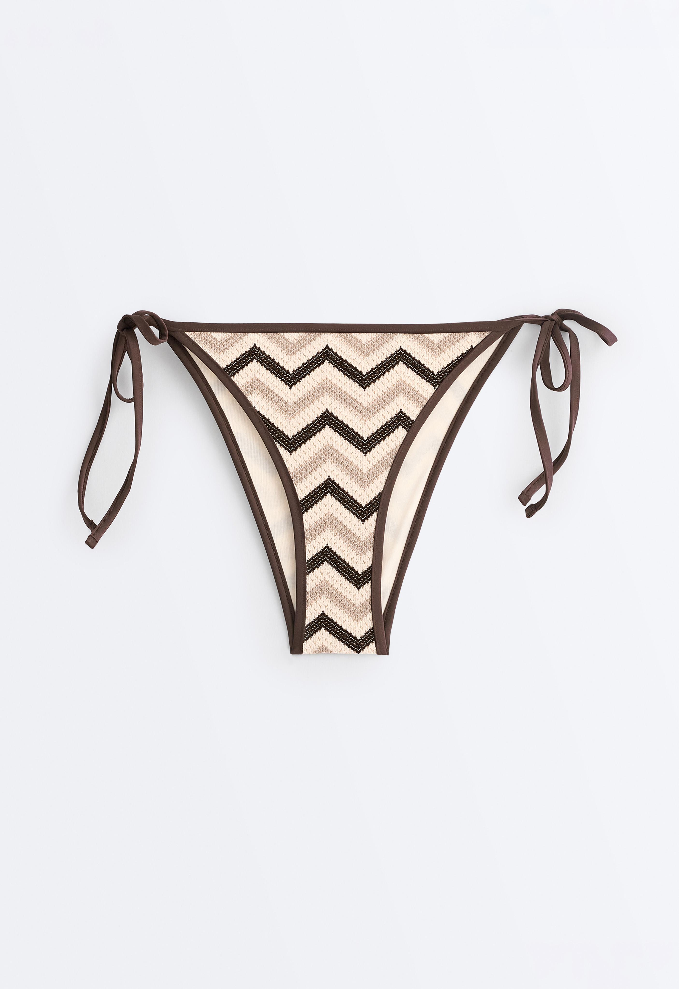 Medium-coverage zigzag crochet tie bikini briefs — ECRU