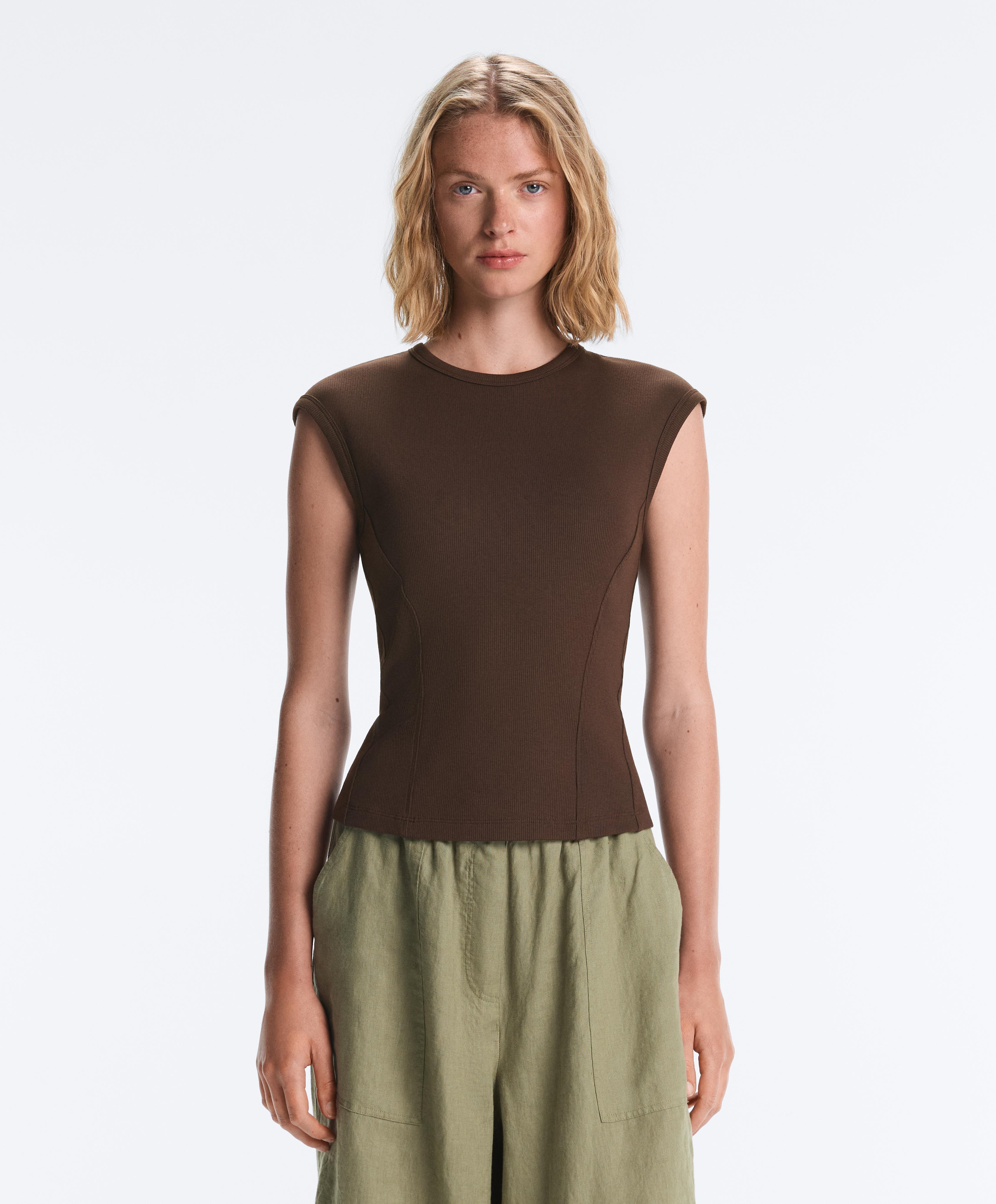 Short-sleeved rib top with cotton and modal — DARK BROWN