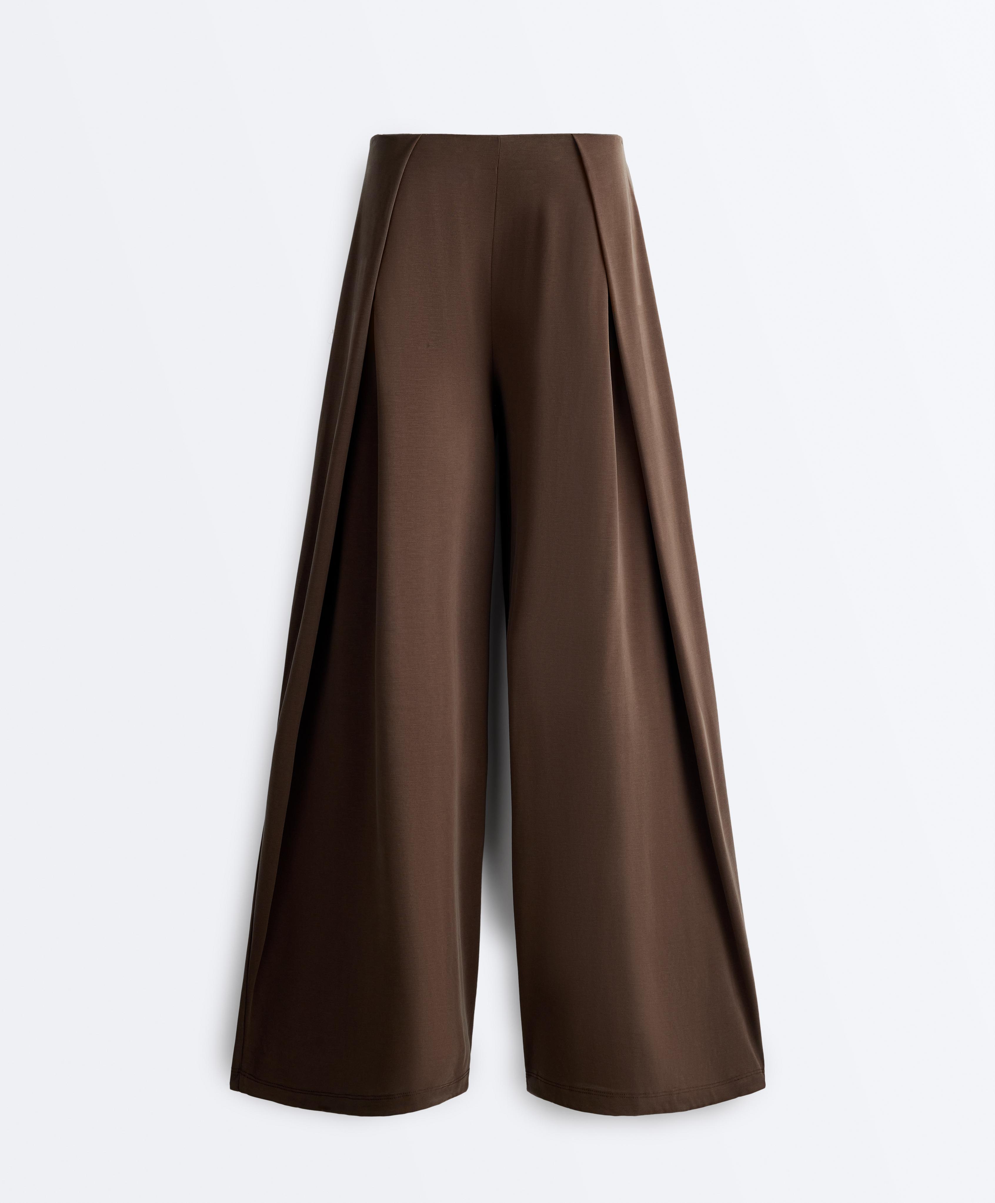 Modal blend straight-leg trousers with side pleat — DARK BROWN