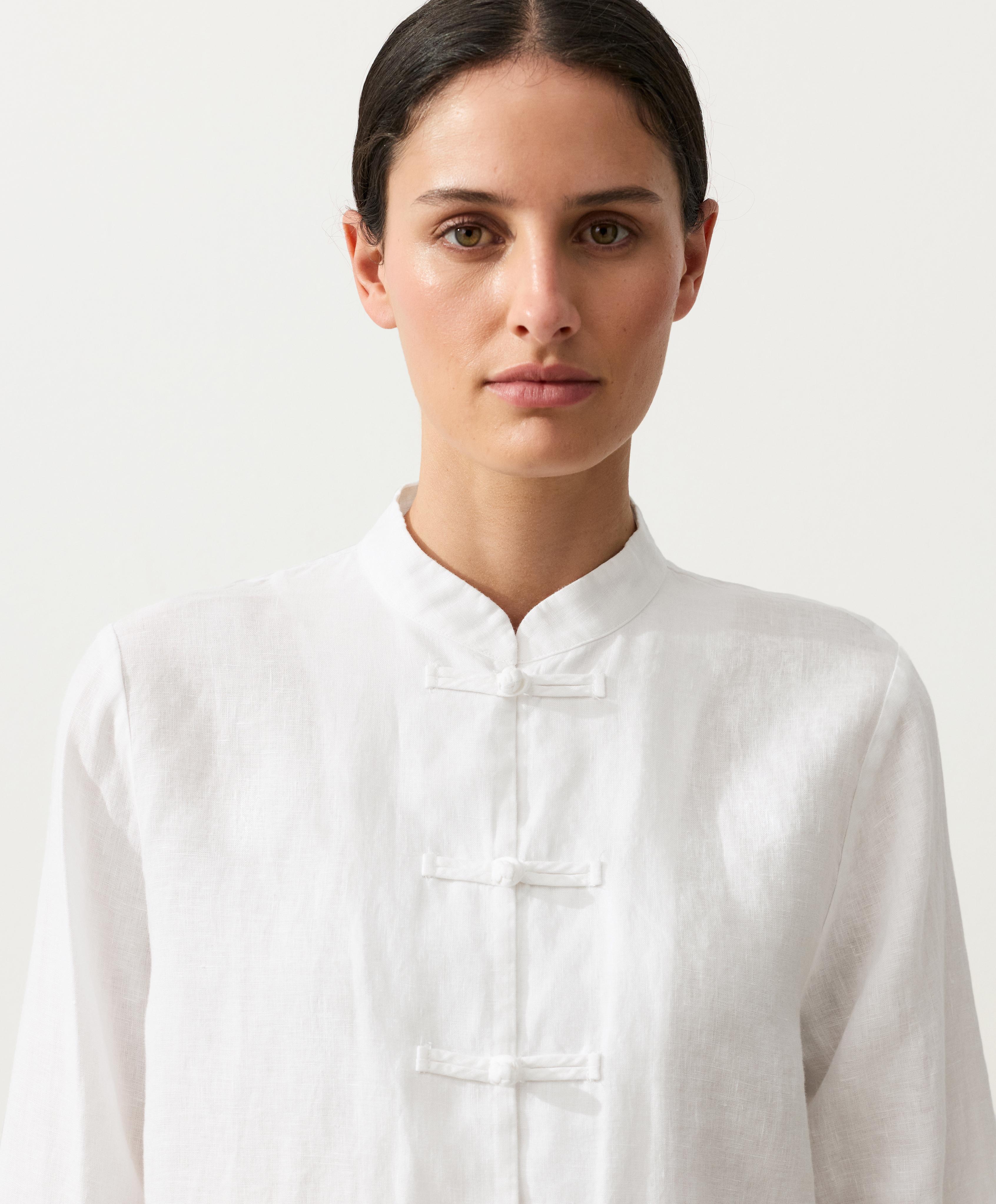 100% linen stand-up collar shirt — WHITE