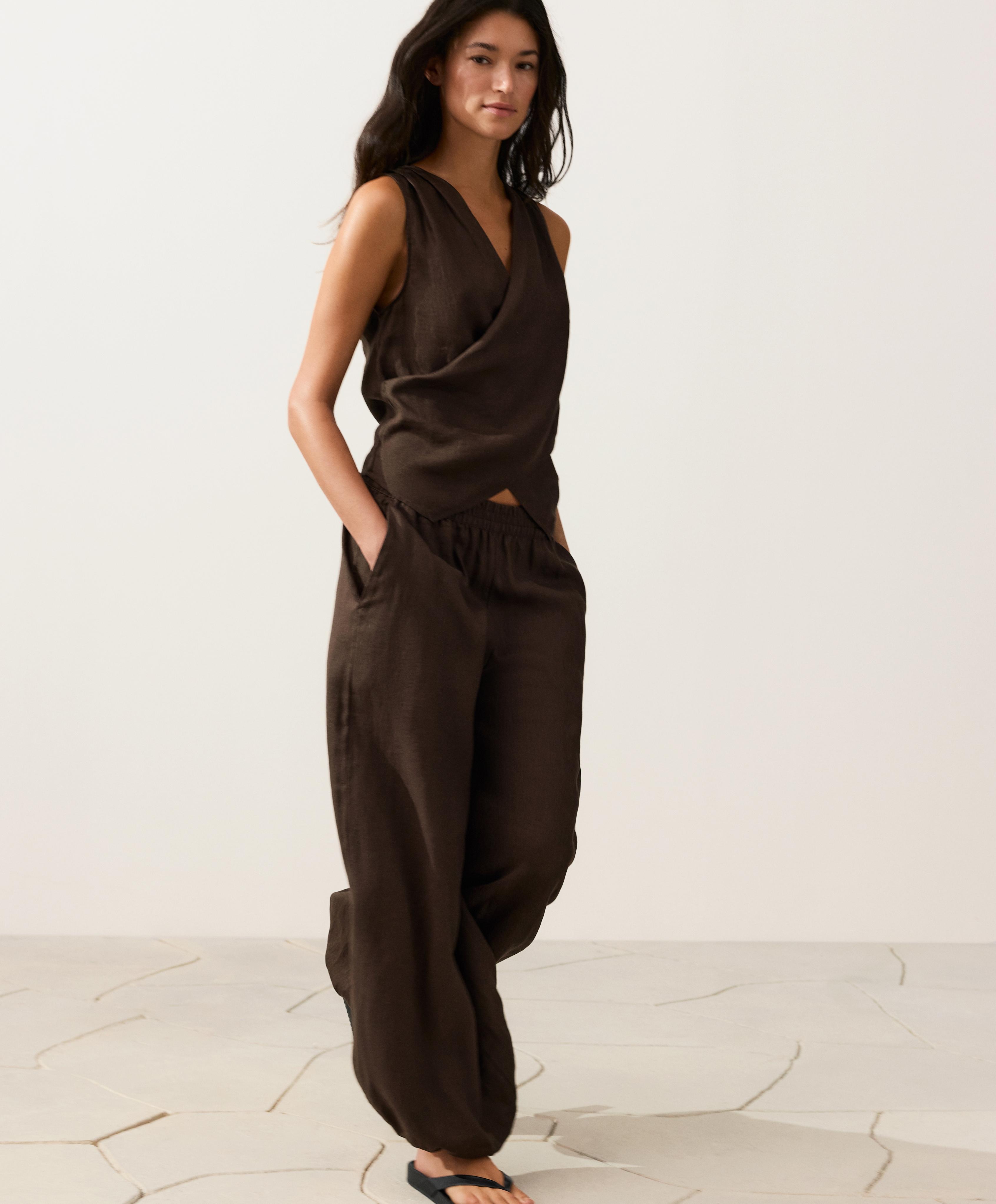 100% linen crossover top — DARK BROWN