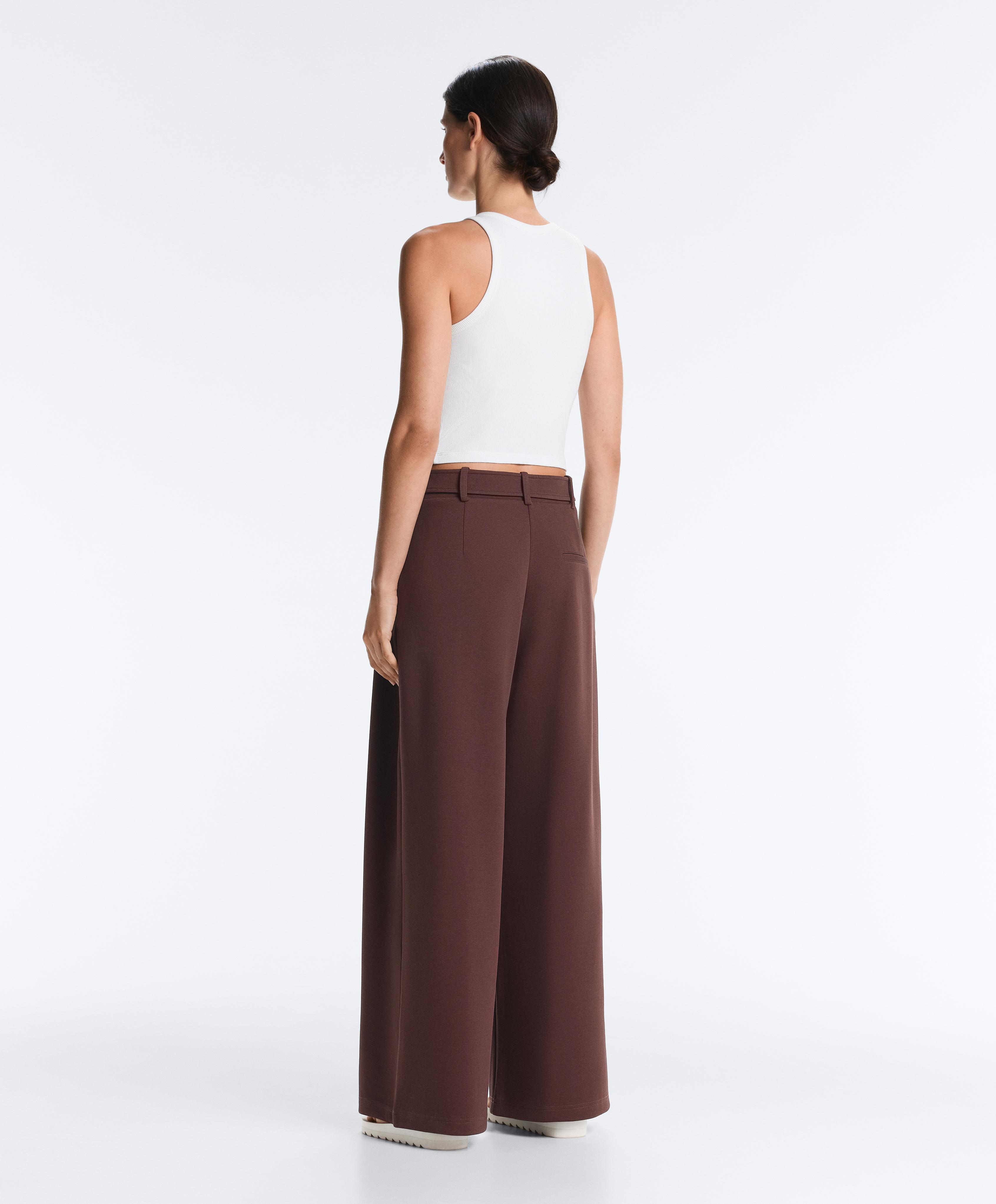 Wide-leg cotton piqué belted trousers — CHOCOLATE