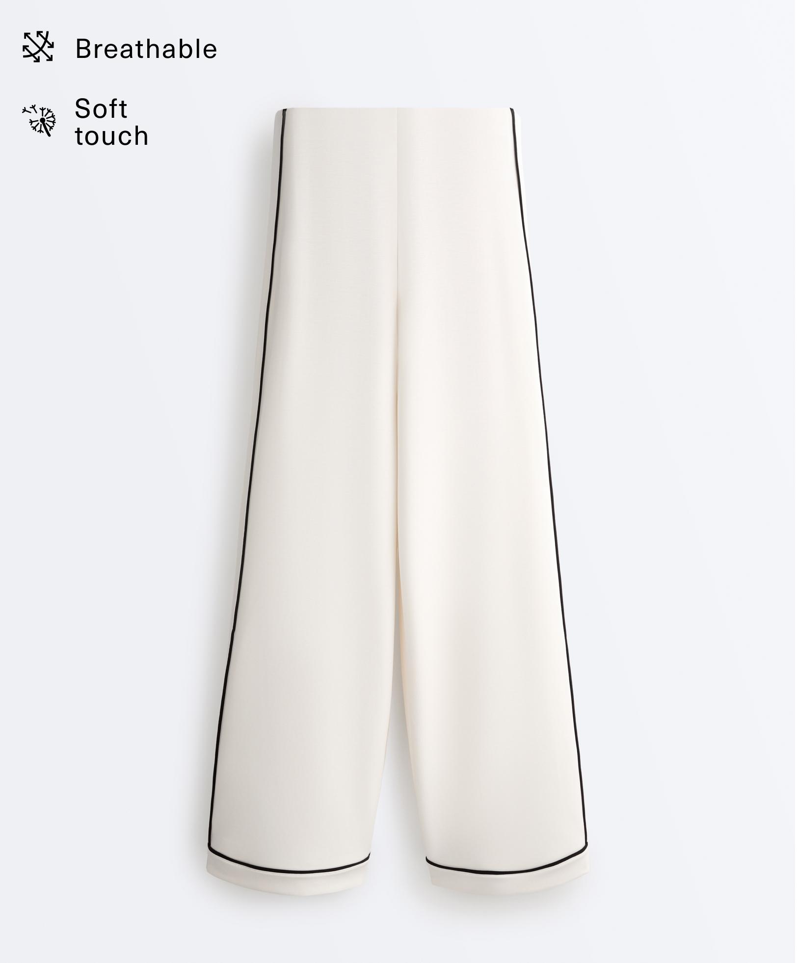 Soft-touch modal wide-leg trousers with contrast piping — PALE ECRU