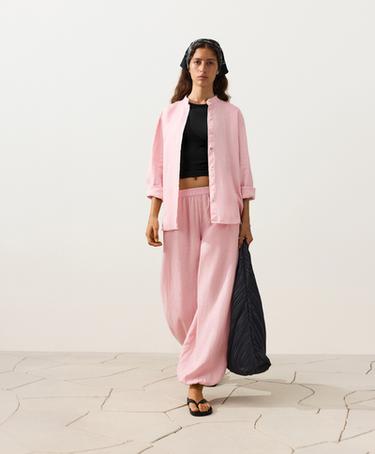 100% linen stand-up collar shirt — PALE PINK 6