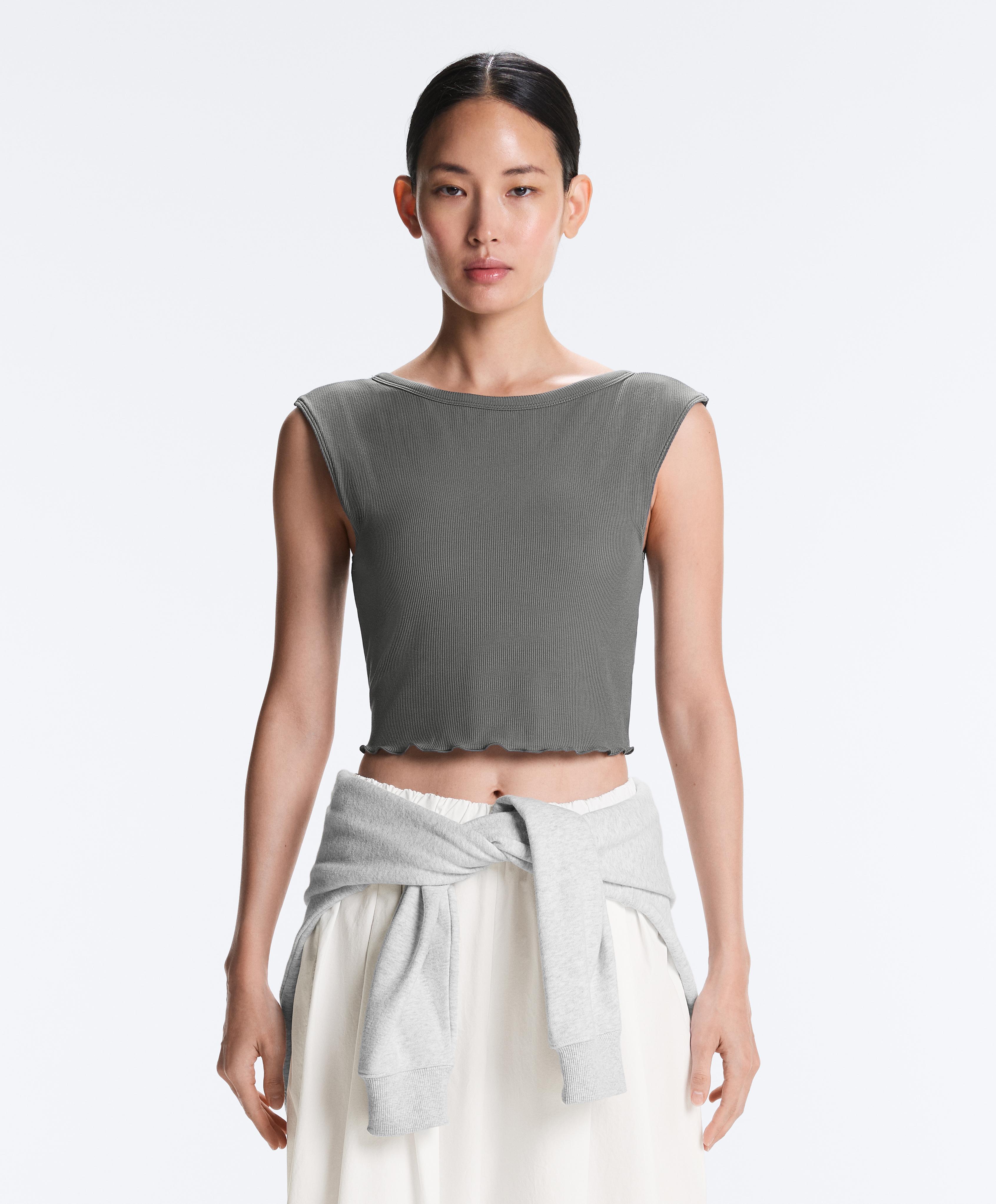 Rib modal blend short sleeve tank top with curling detail — MID GREY
