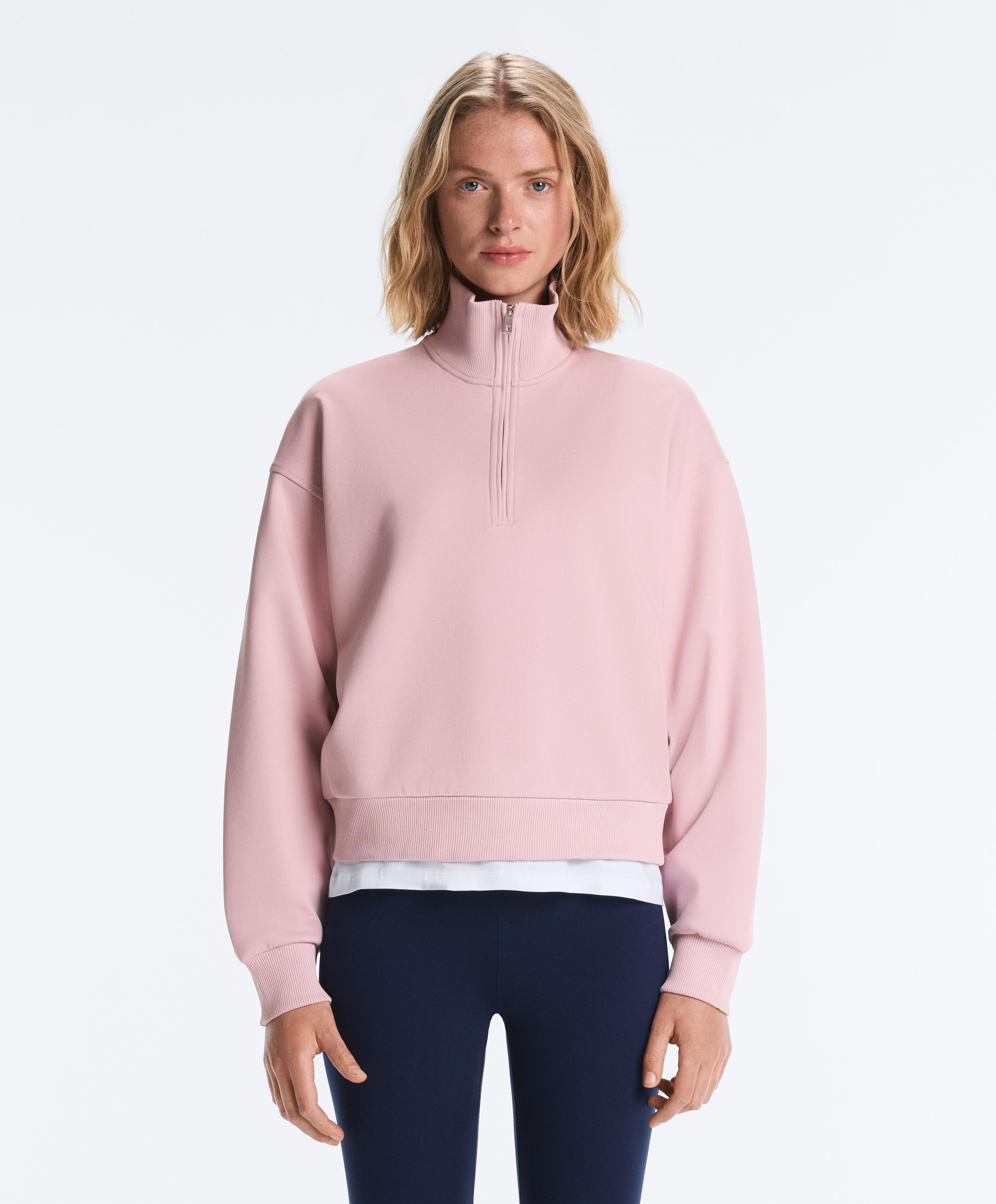 Pique high-neck zip sweatshirt with cotton — PALE PINK