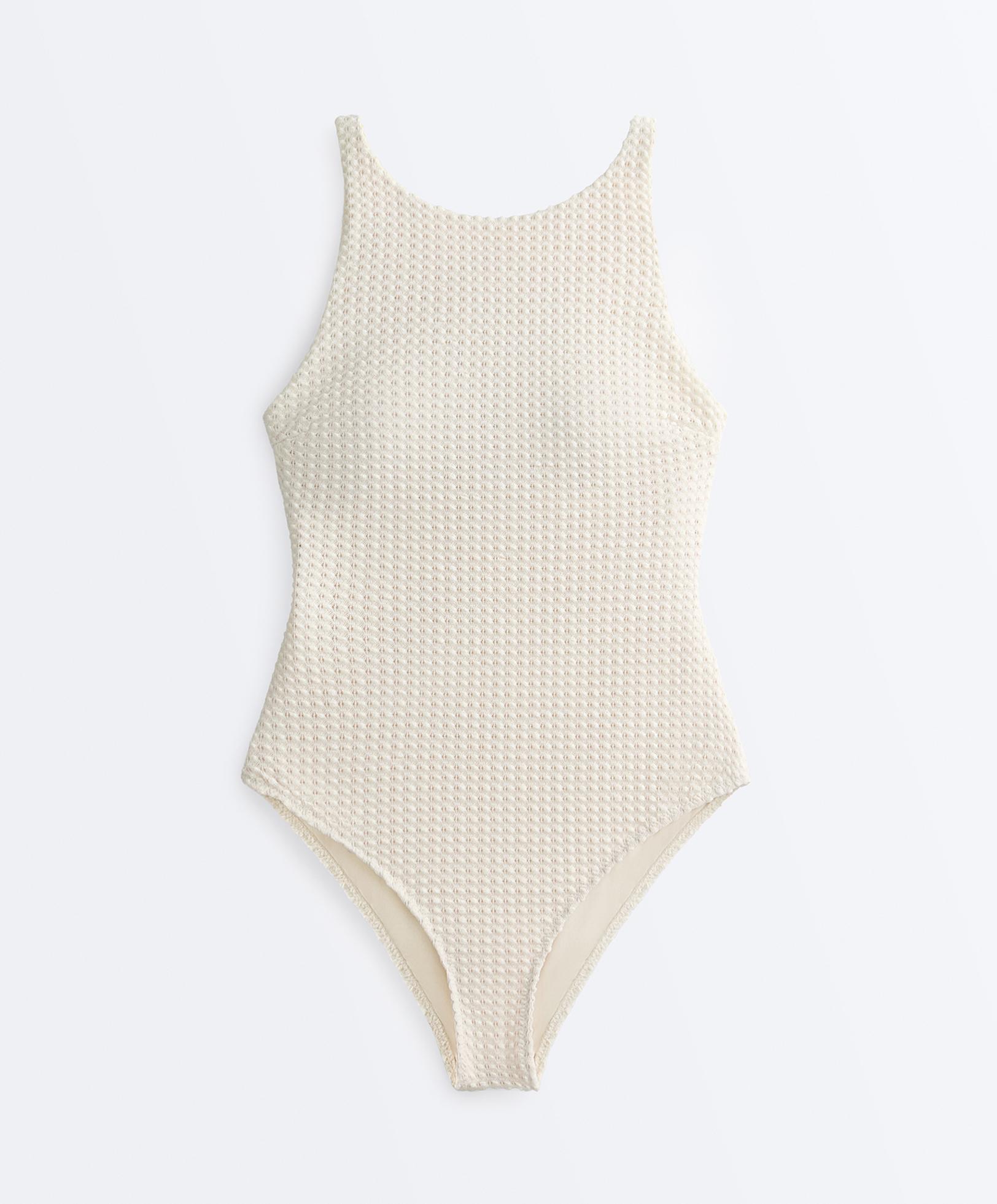 Bubble-texture crochet halter swimsuit — ECRU