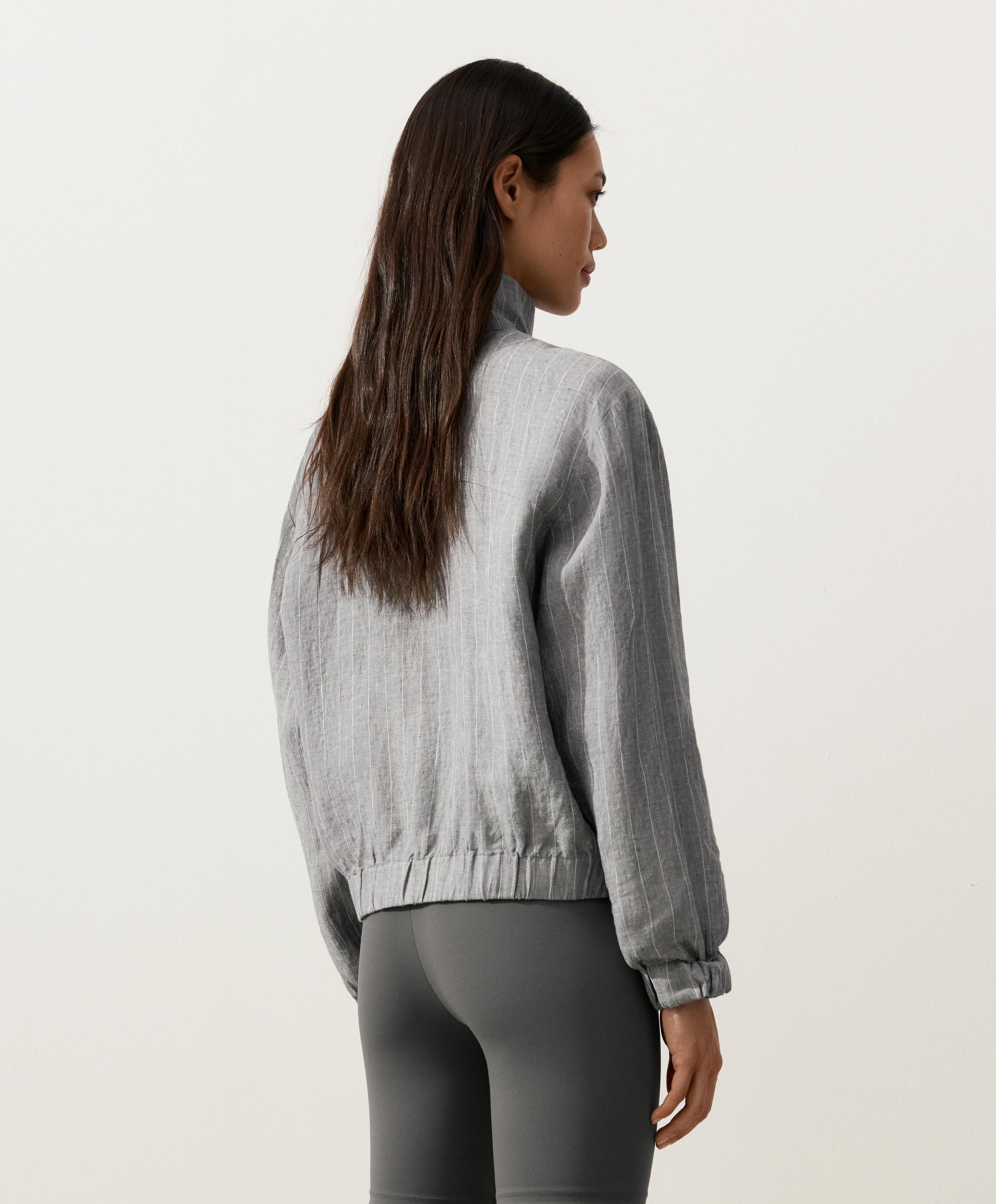 Pinstriped 100% linen high-neck jacket — MID GREY