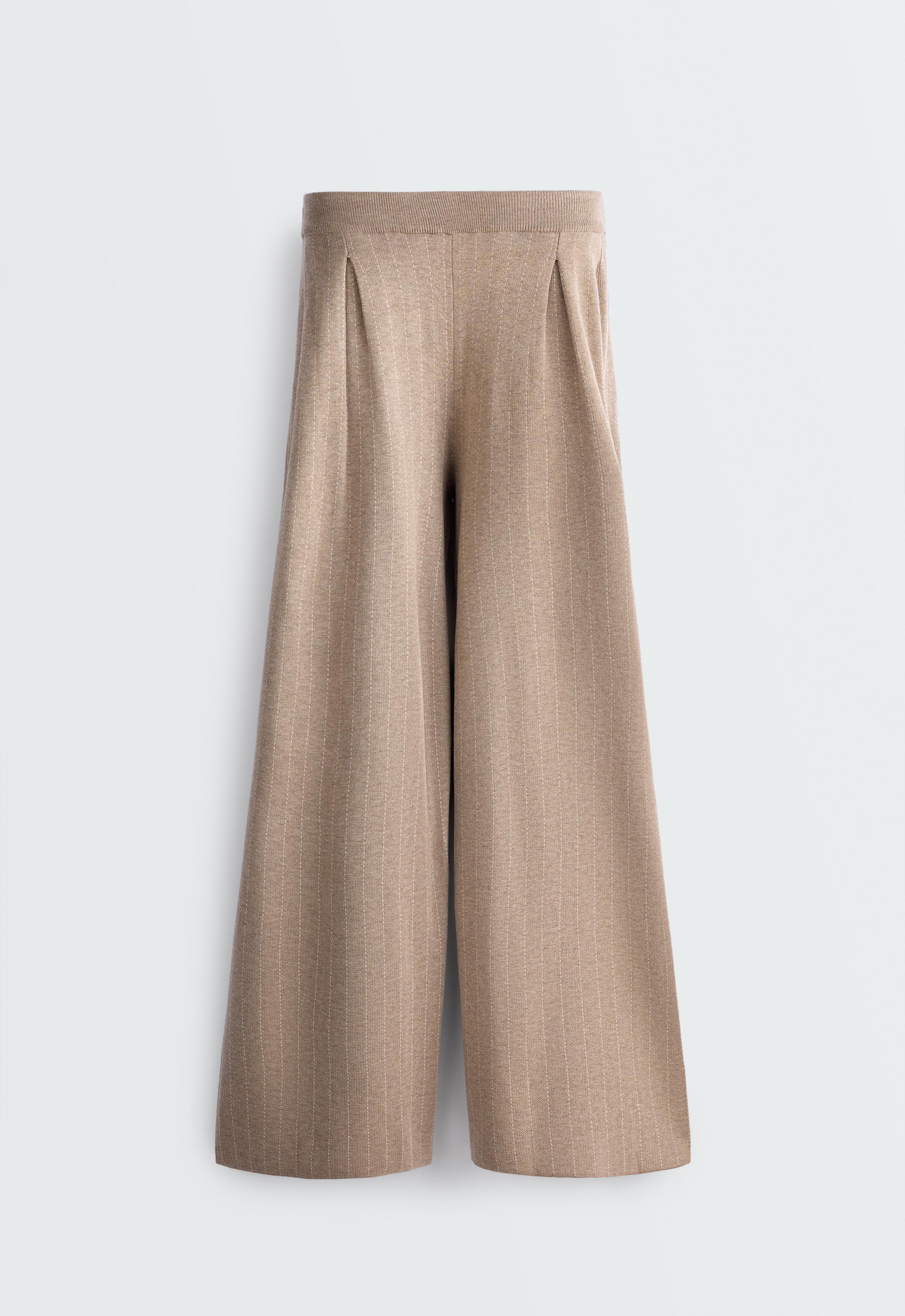 Wide-leg pinstripe knit trousers — DARK NOUGAT