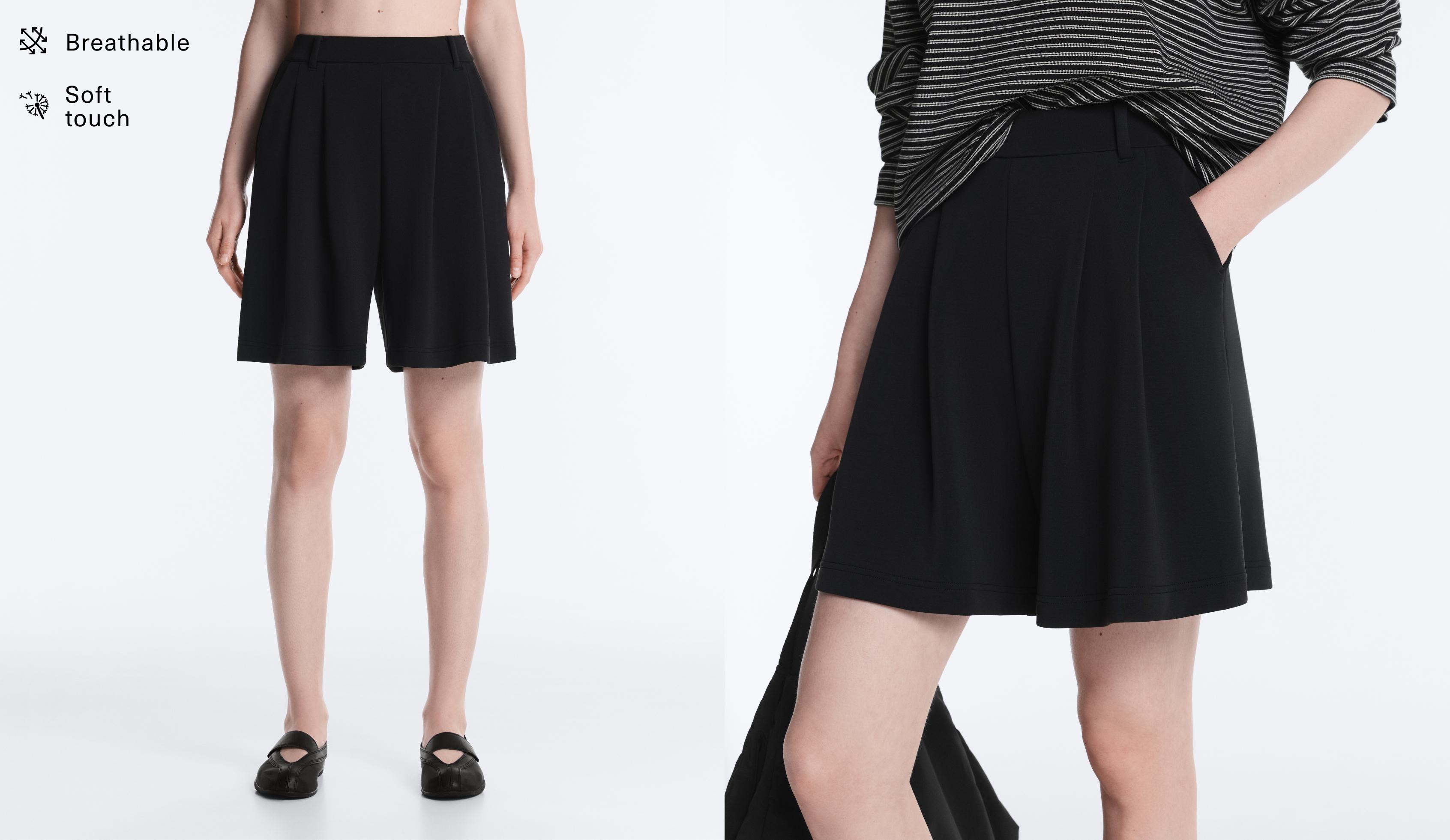 Soft-touch modal Bermuda shorts with pleats — BLACK