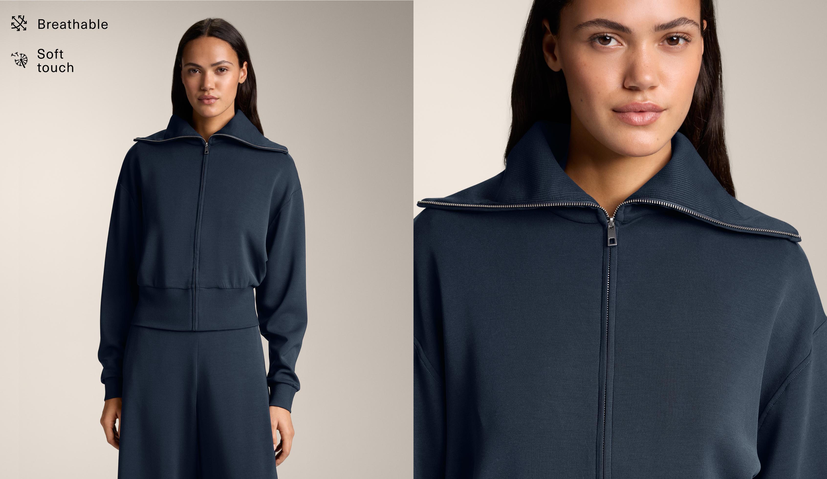 Fitted waist knit collar jacket with modal — NAVY BLUE