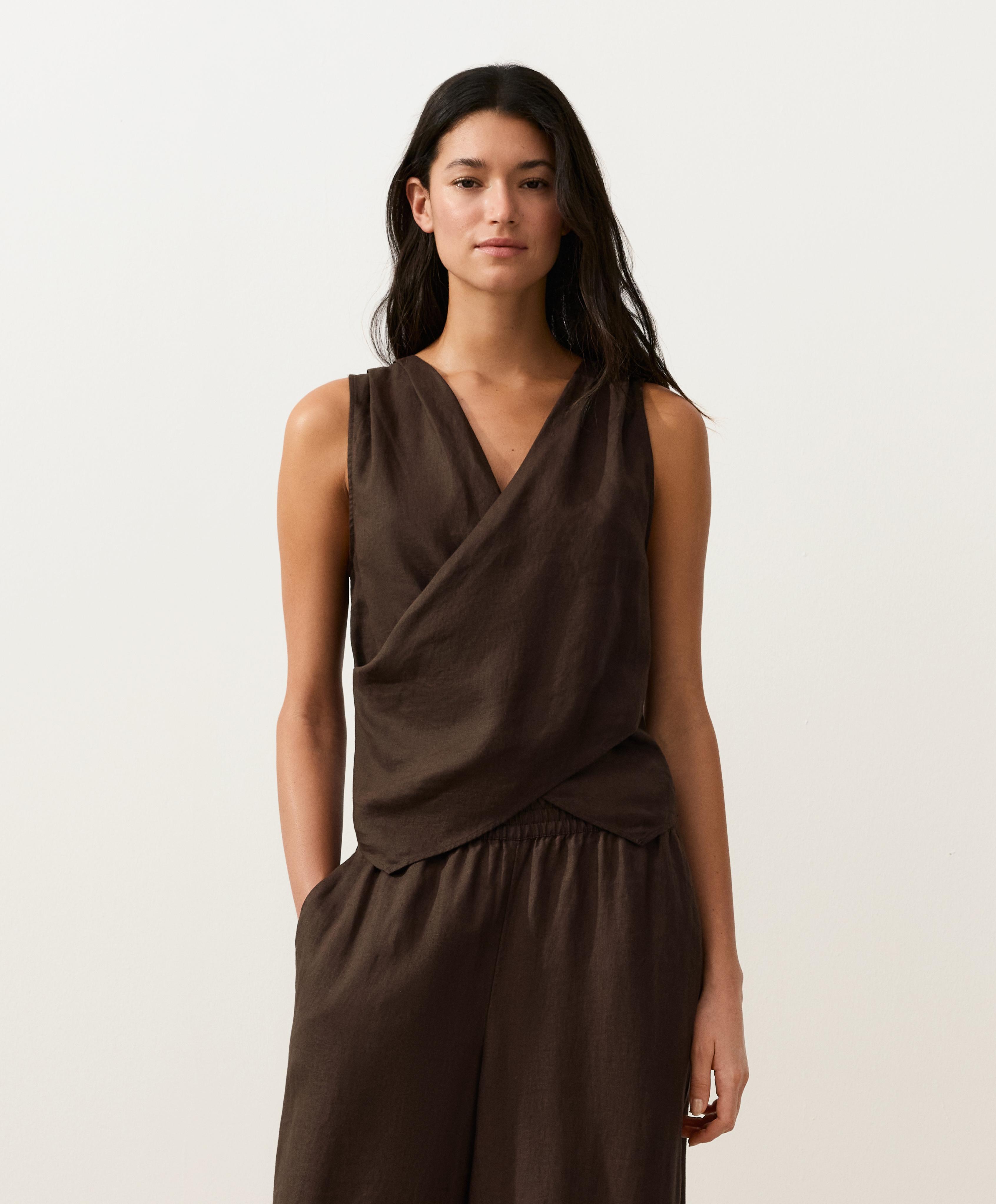 100% linen crossover top — DARK BROWN