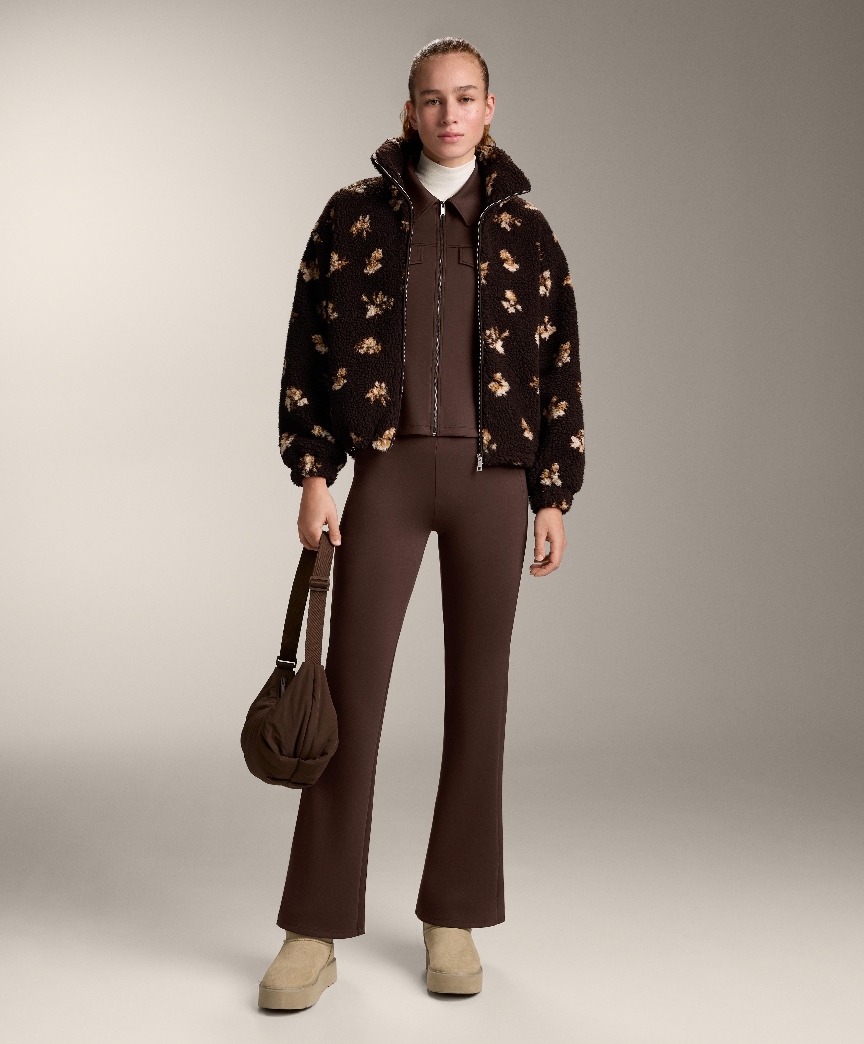 Neoprene-effect peplum jacket with ribbing — BROWN