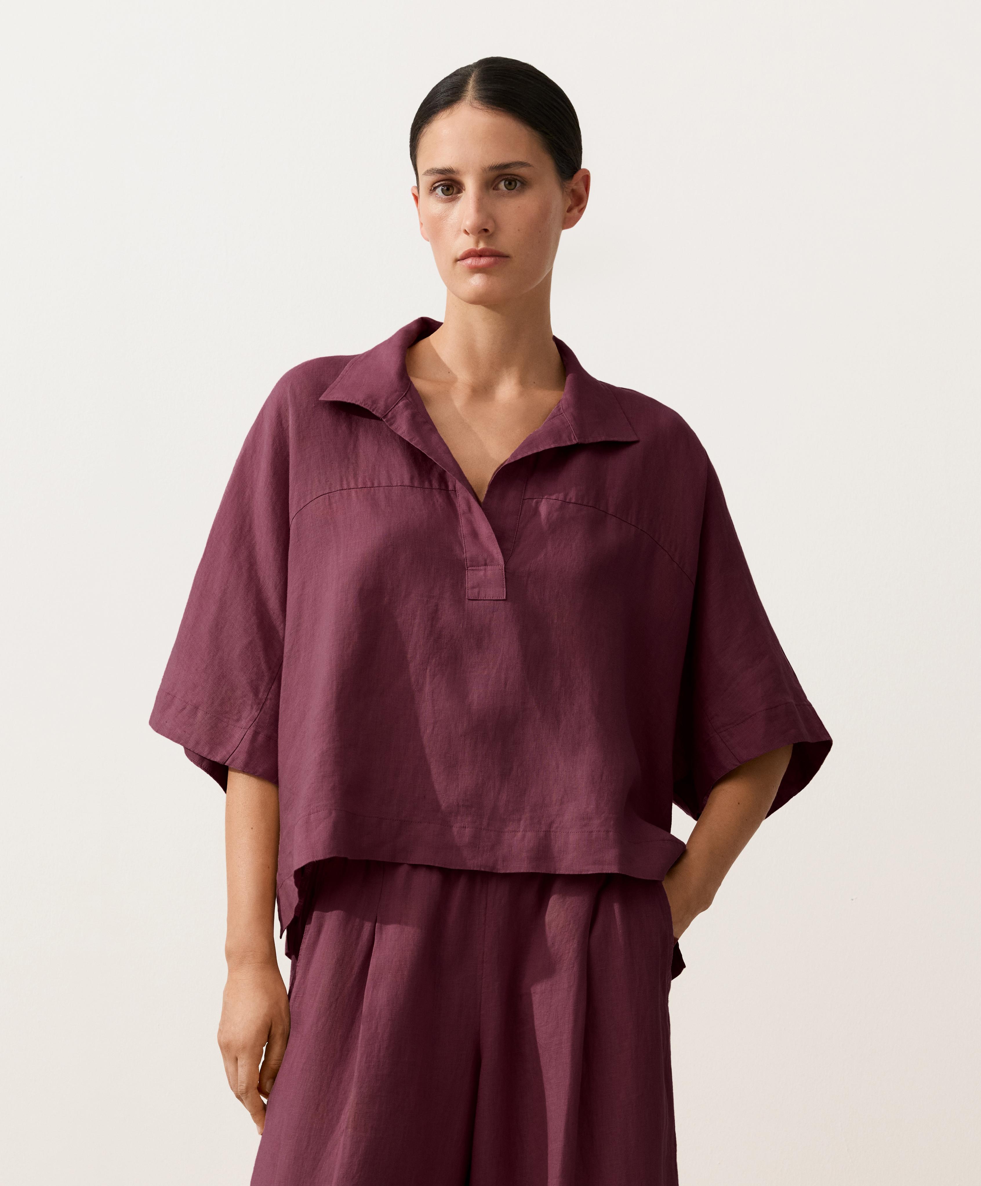 Oversize 100% linen polo shirt — CHERRY