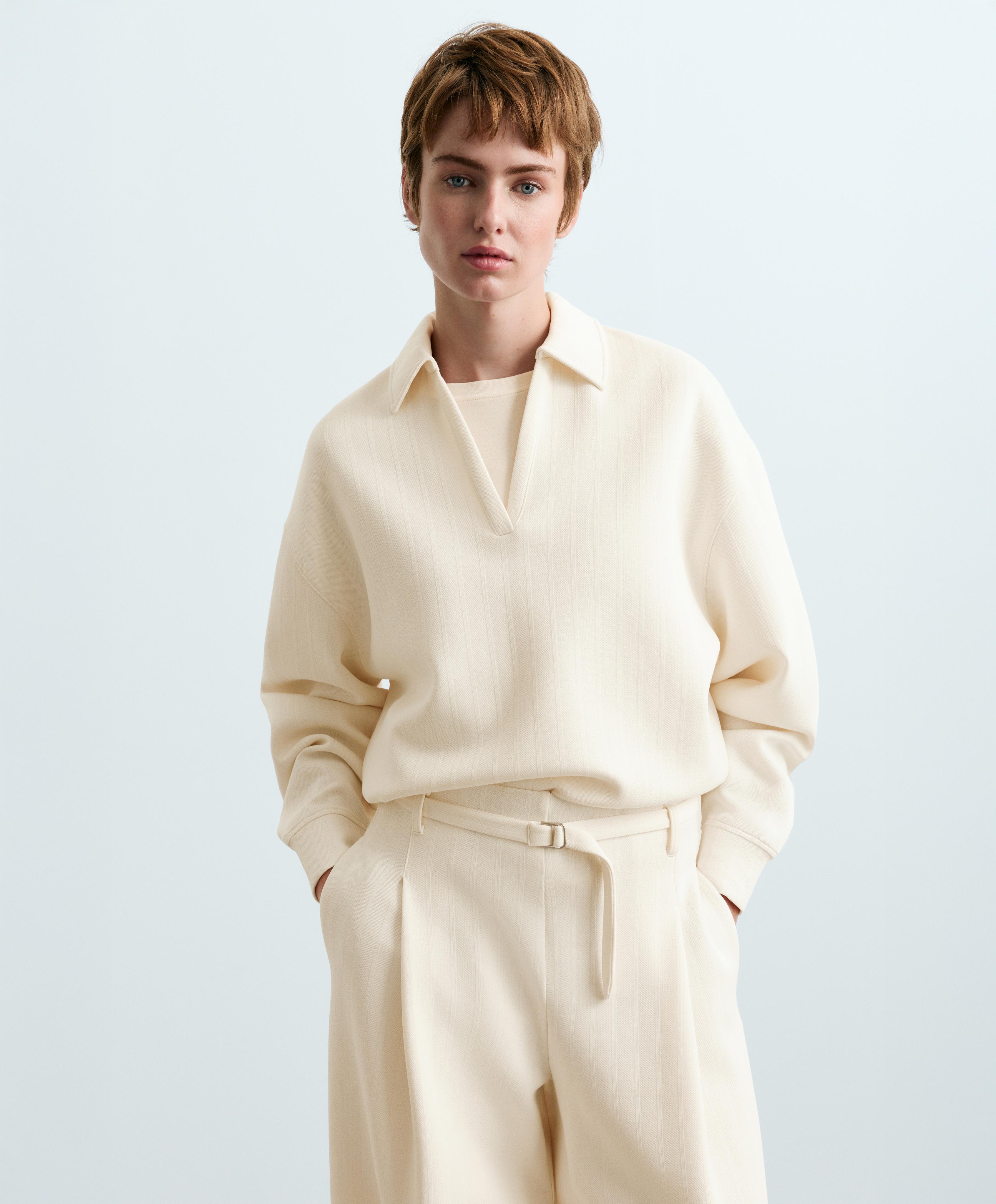 Striped cotton piqué polo shirt — PALE ECRU