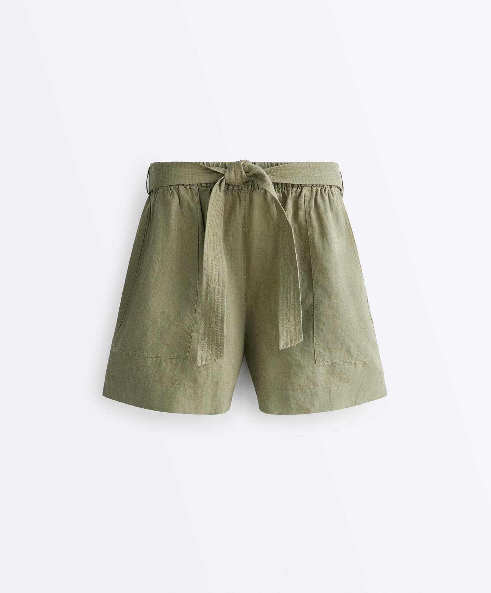 100% linen Bermuda shorts with belt — YELLOW GREEN