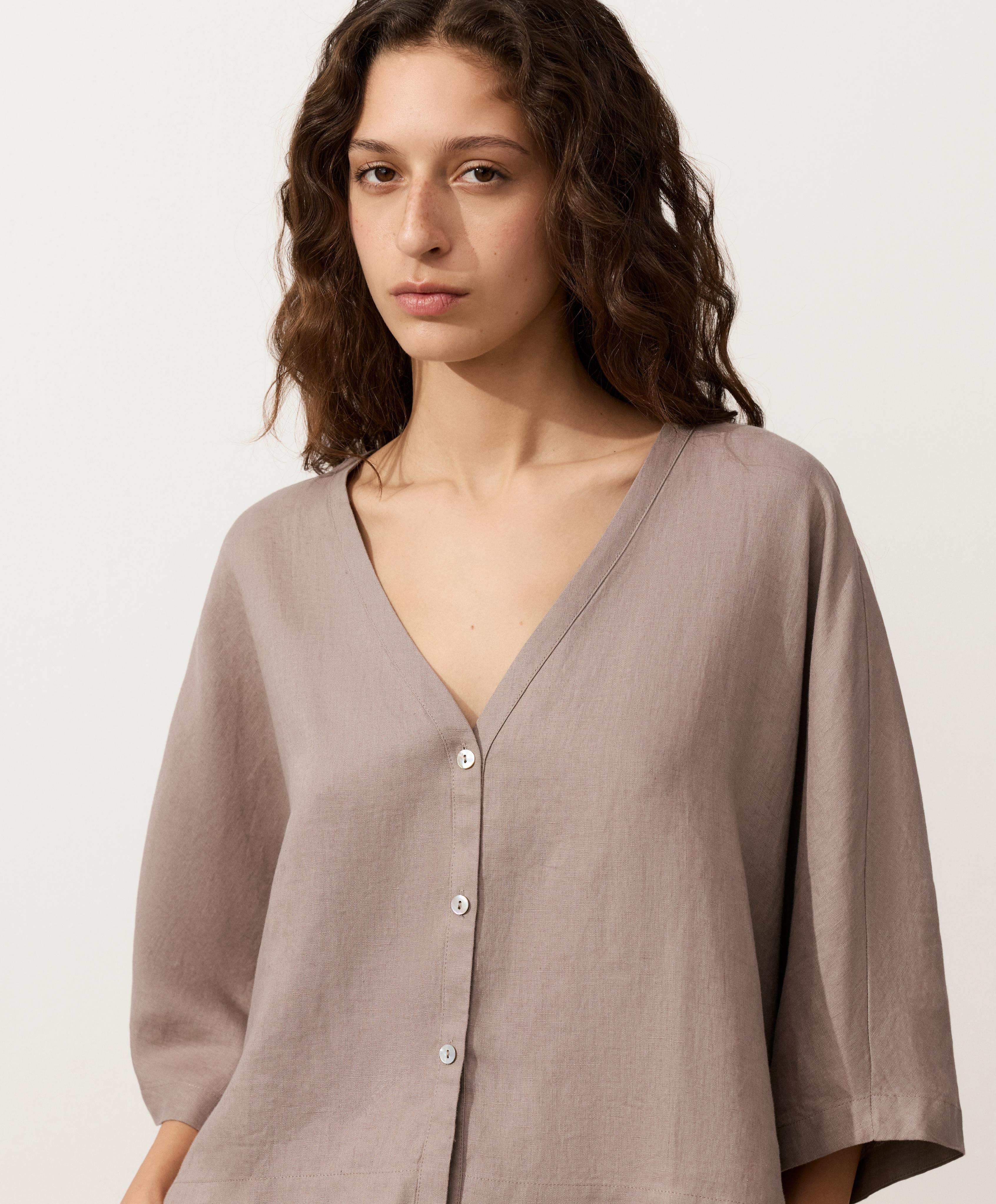 100% linen short-sleeve shirt — TAUPE-GREY