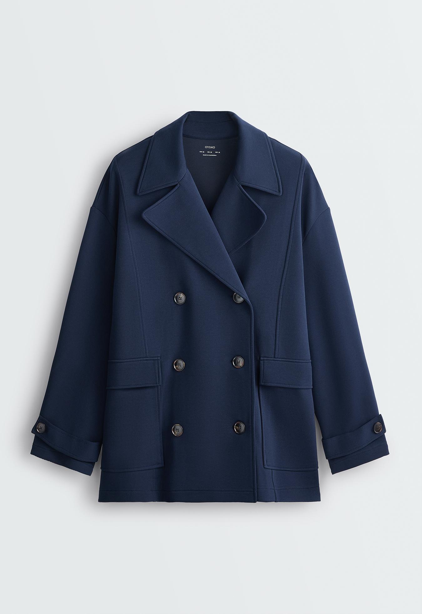 6-button long piqué cotton jacket — NAVY BLUE
