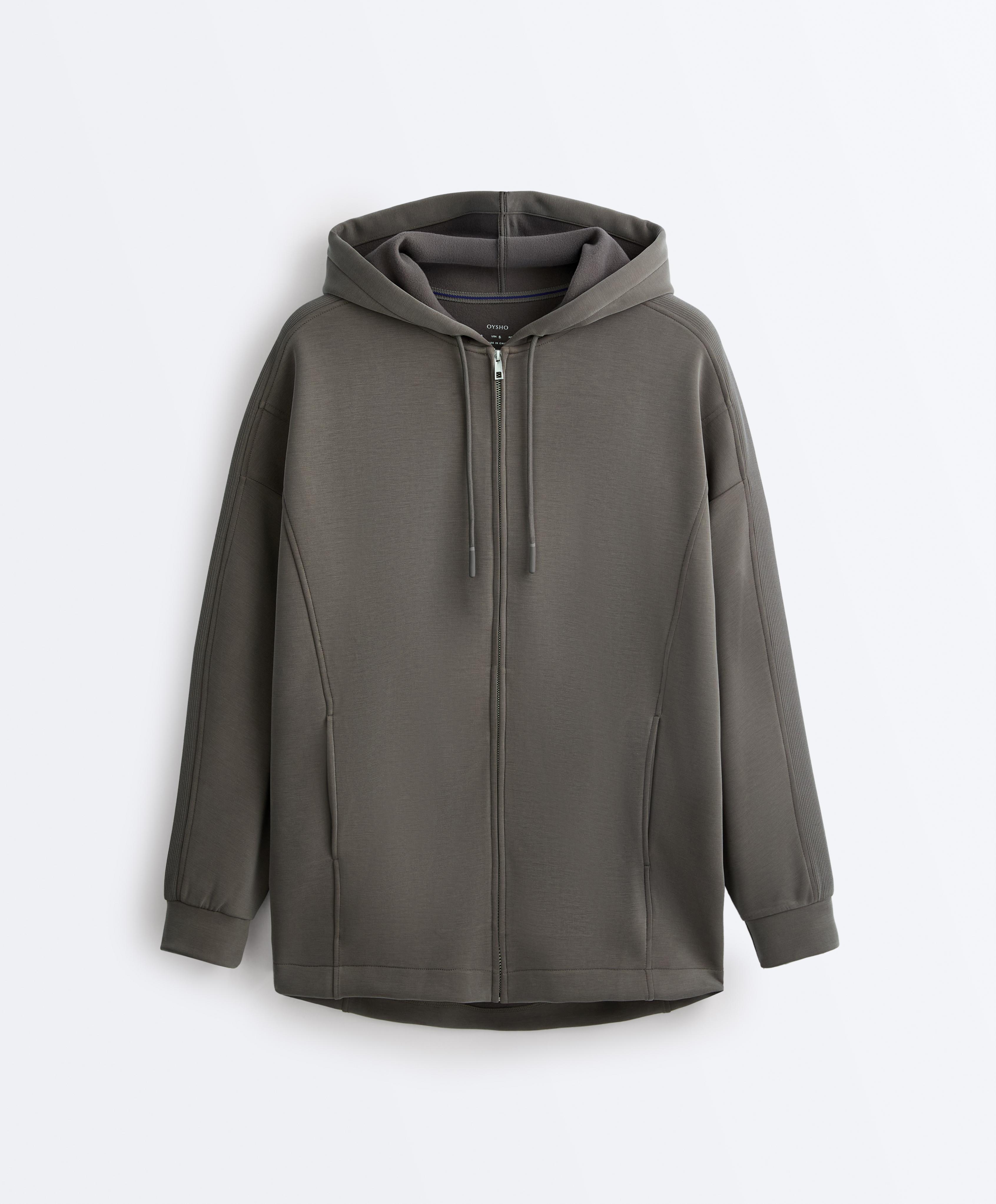 Long hooded jacket with rib details and brushed modal — CHARCOAL GREY