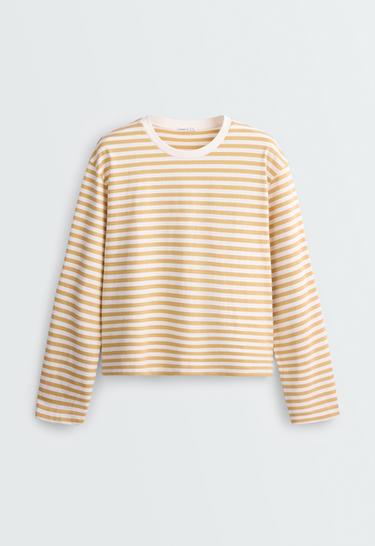 Striped 100% cotton boxy long-sleeved T-shirt — PALE YELLOW 5