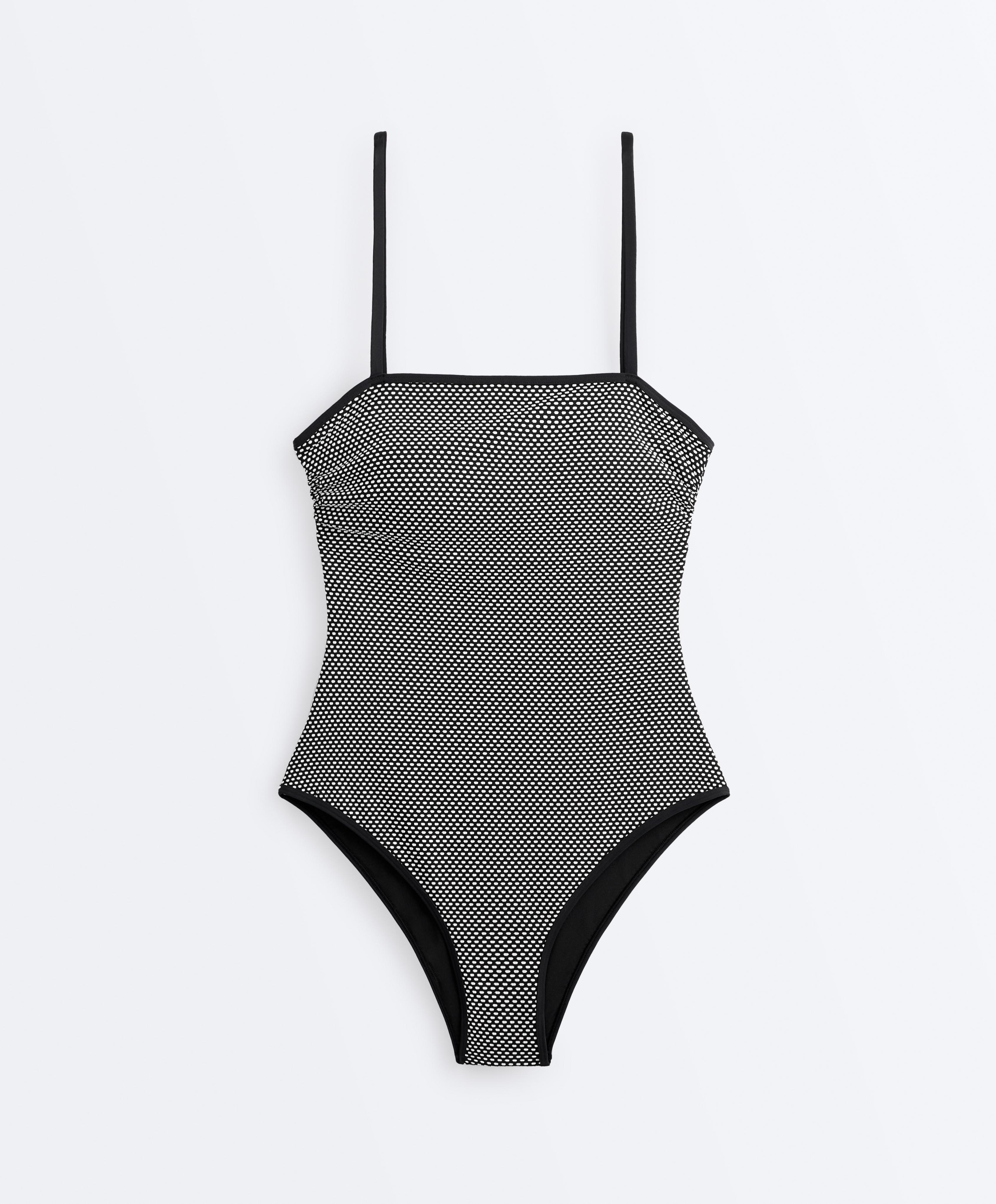 Polka dot jacquard bandeau swimsuit — BLACK