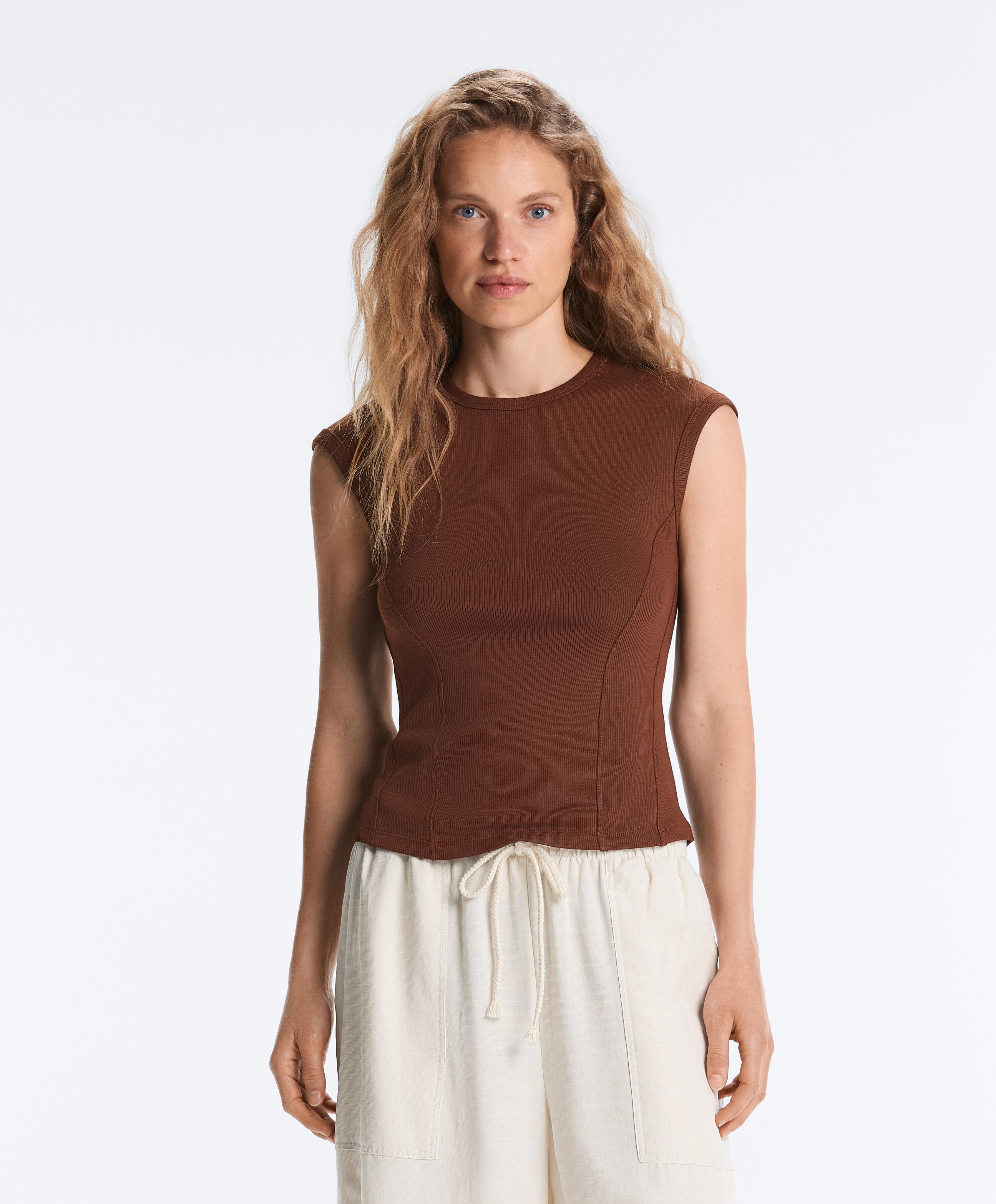 Short-sleeved rib top with cotton and modal — COFFEE
