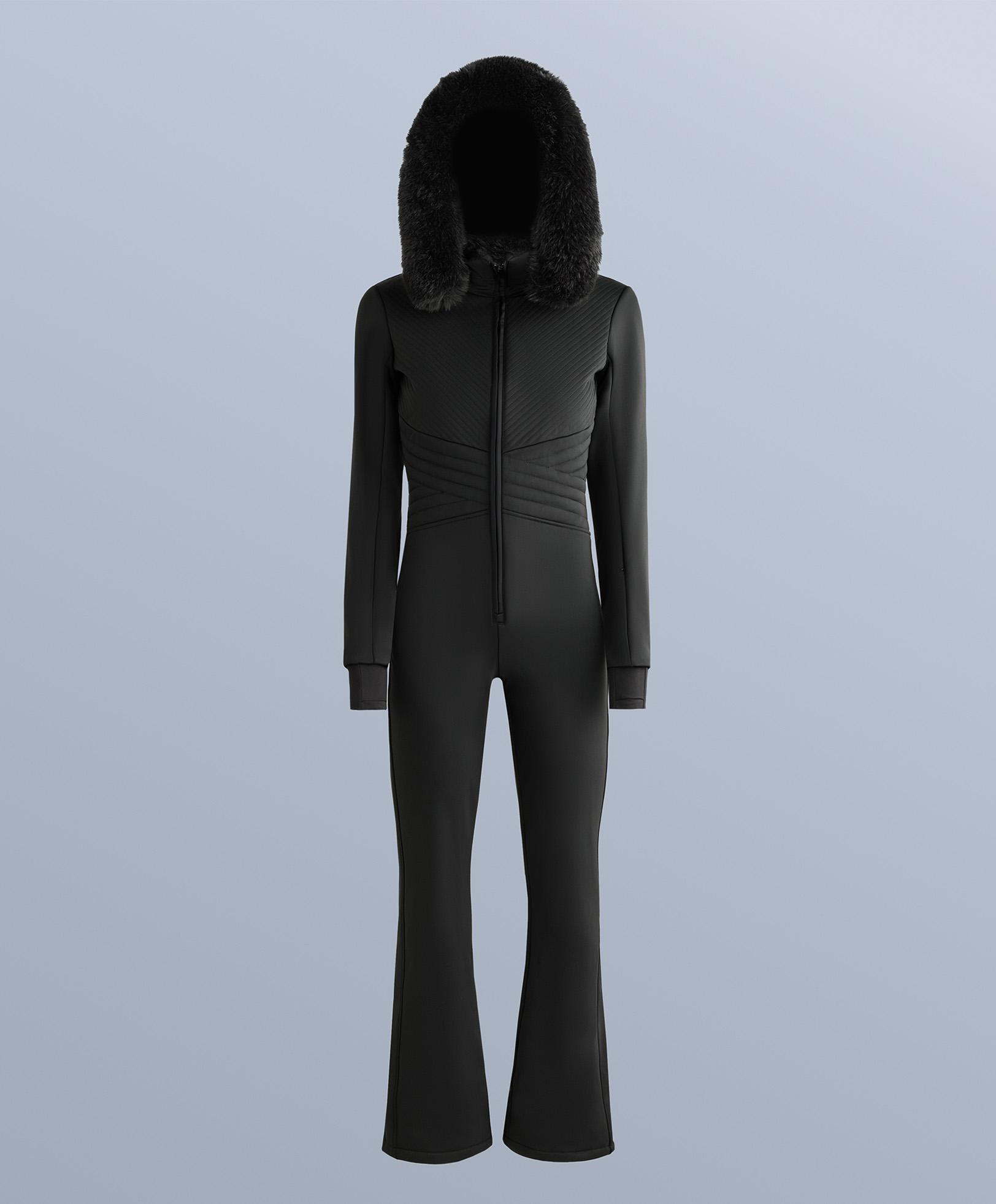 Water-resistant fitted stretch SKI jumpsuit — BLACK