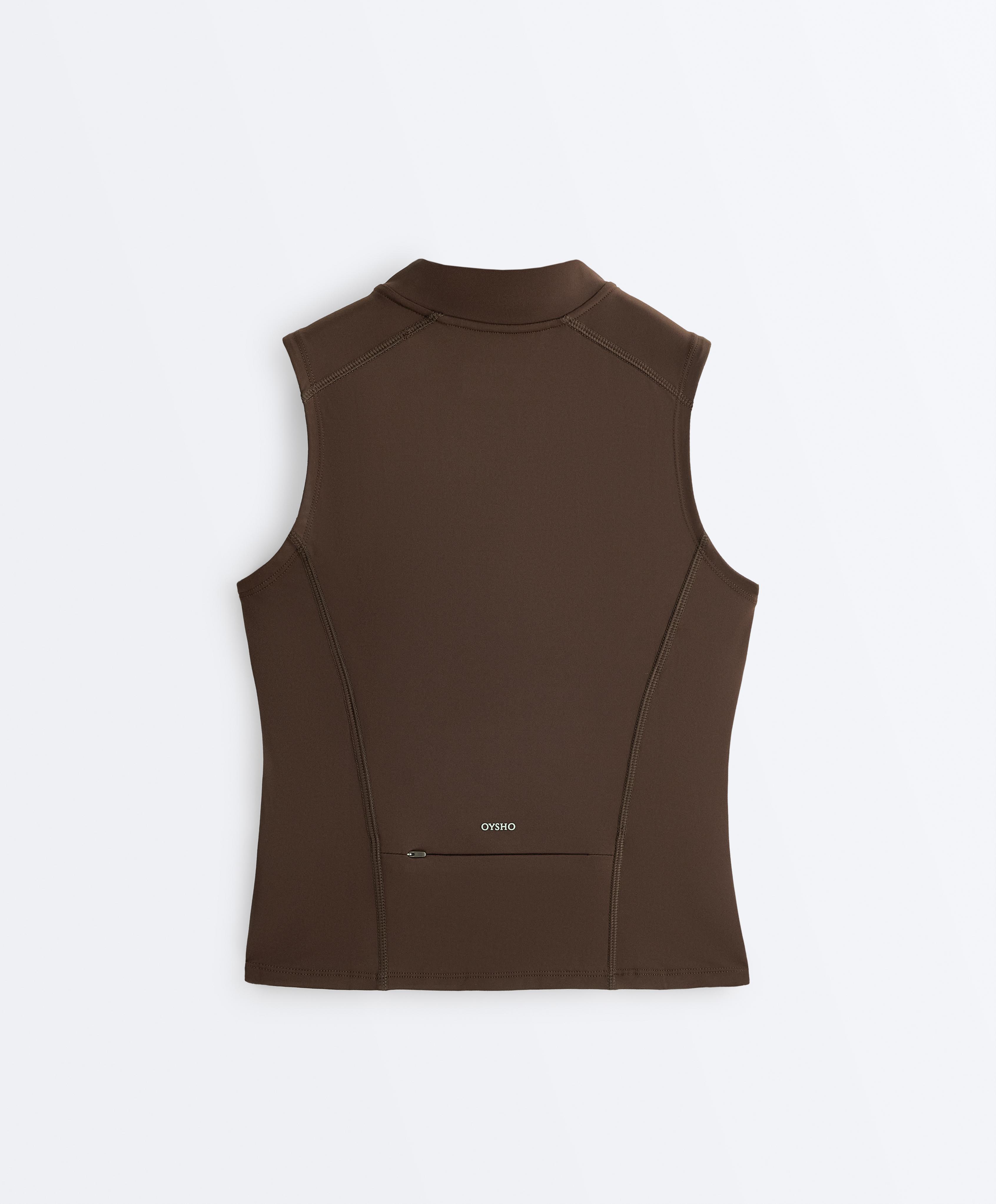 Sleeveless zip T-shirt — DARK BROWN