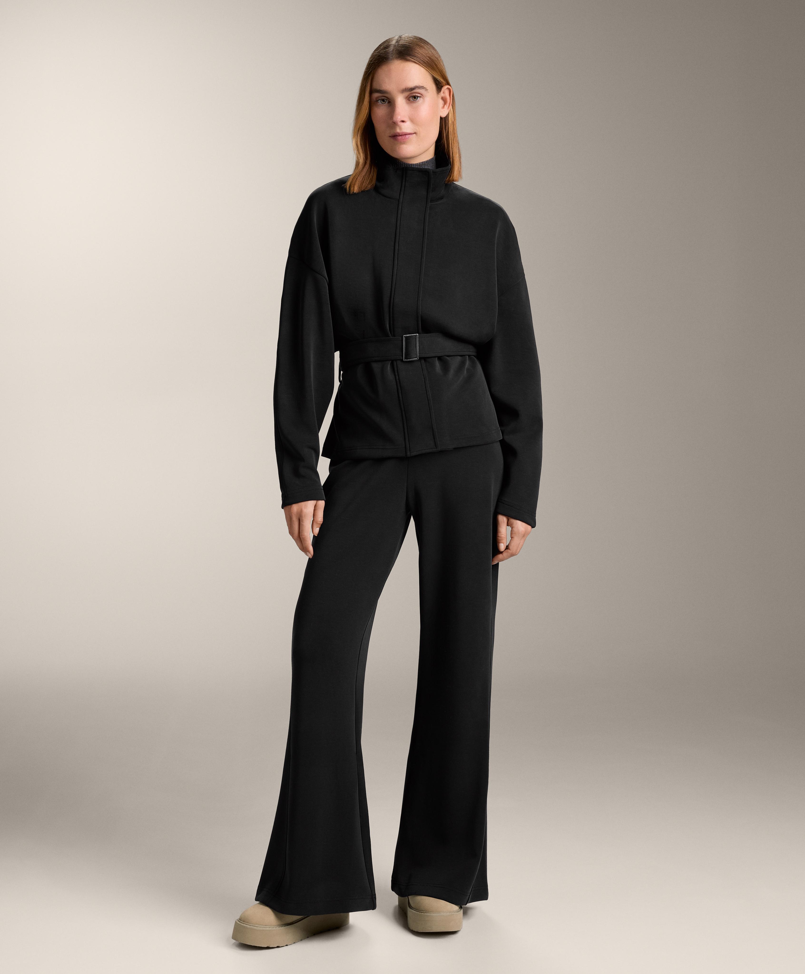 Long belted jacket with brushed modal — BLACK
