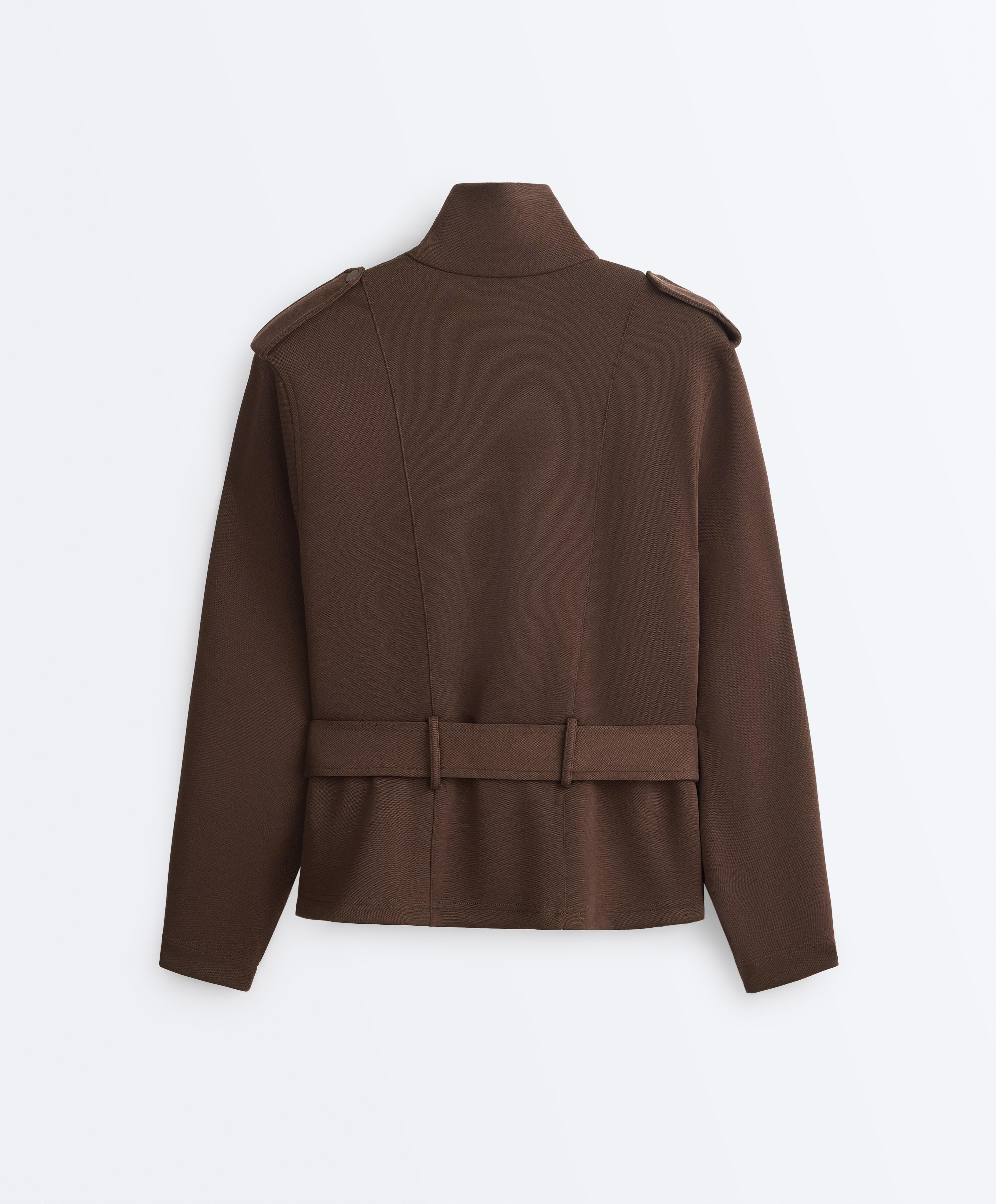 Cropped piqué utility jacket with belt — DARK BROWN