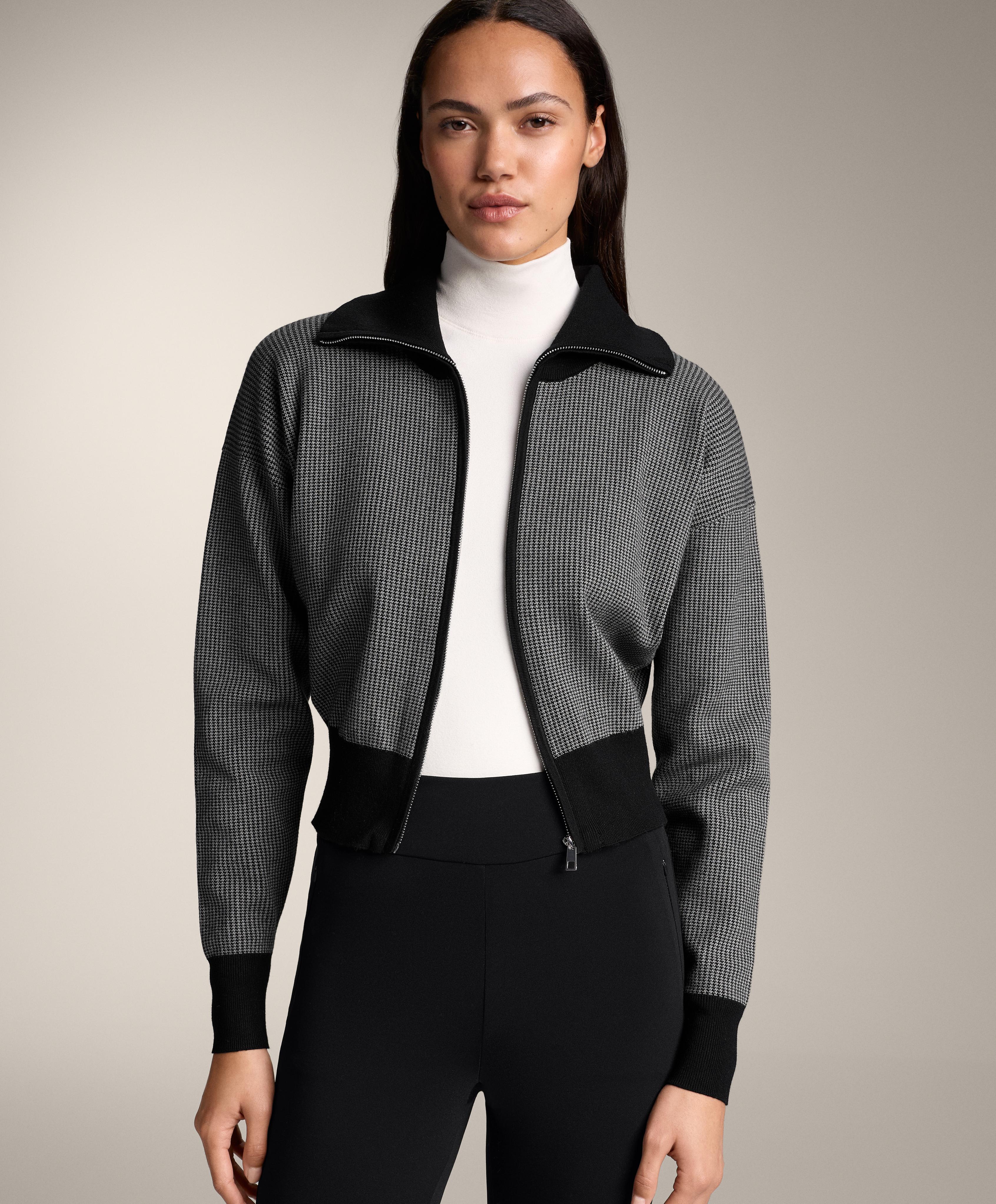 Houndstooth print knit jacket — BLACK