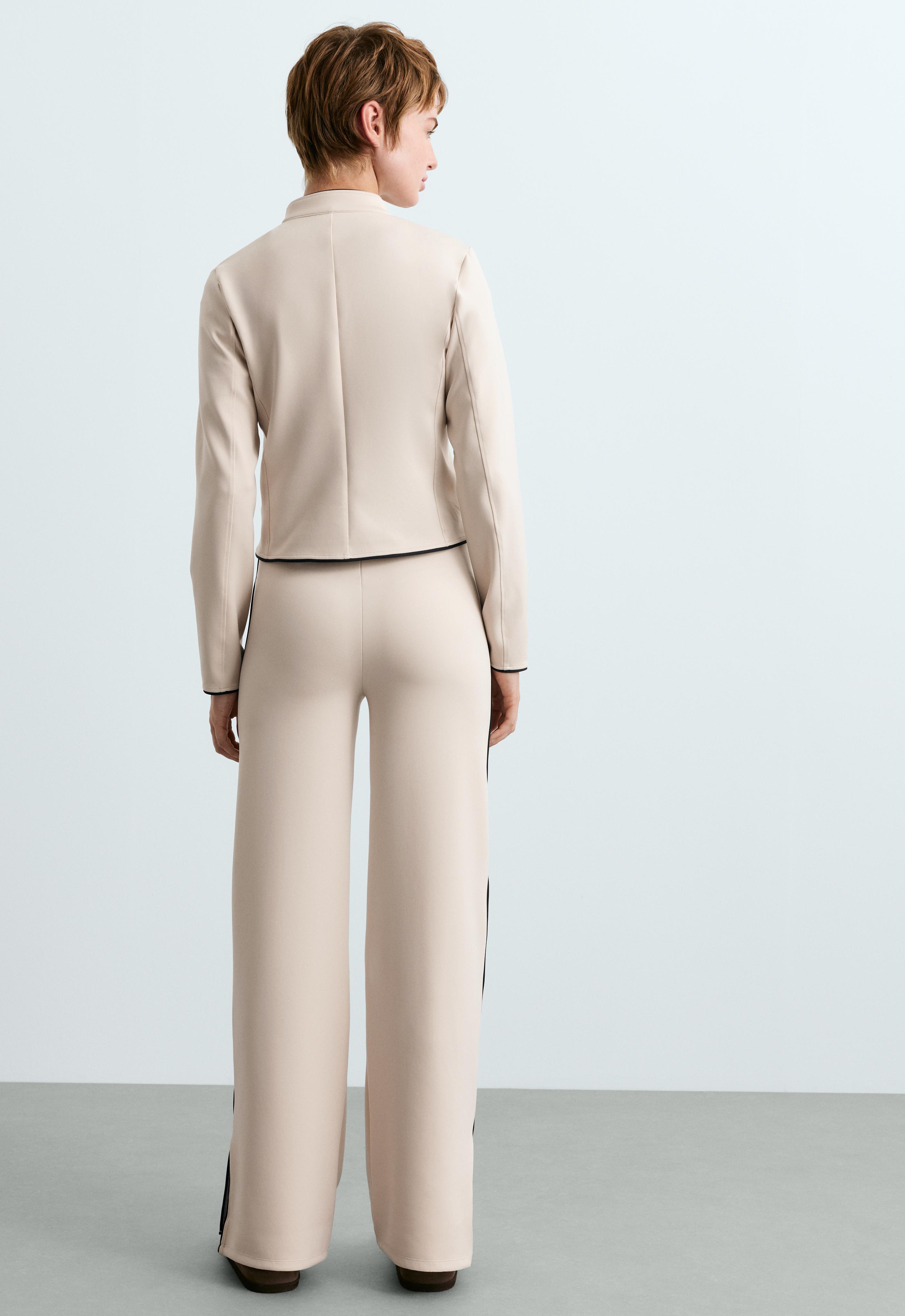 High-waist straight-leg neoprene-effect piping trousers — OATMEAL