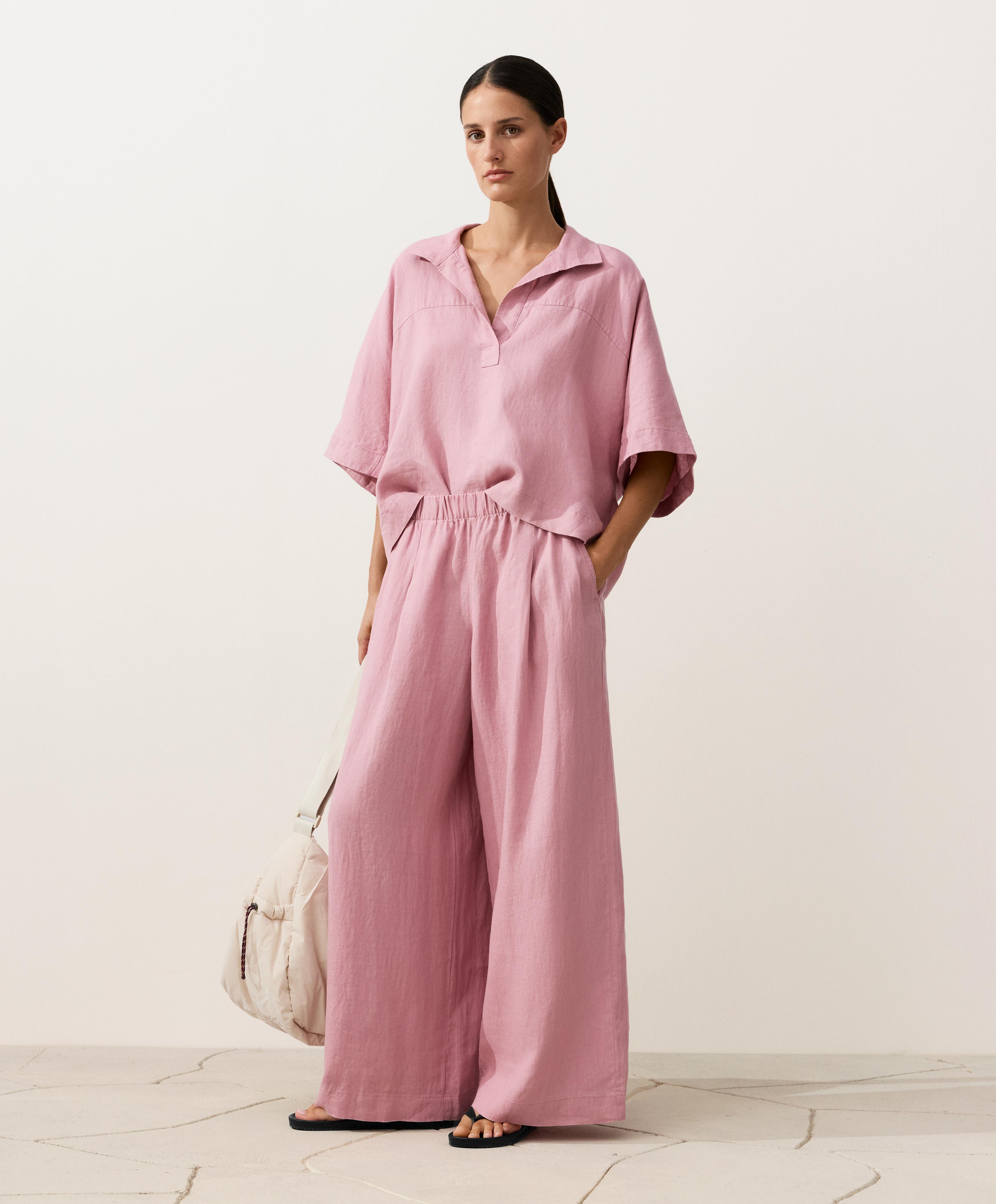Oversize 100% linen polo shirt — MID-PINK