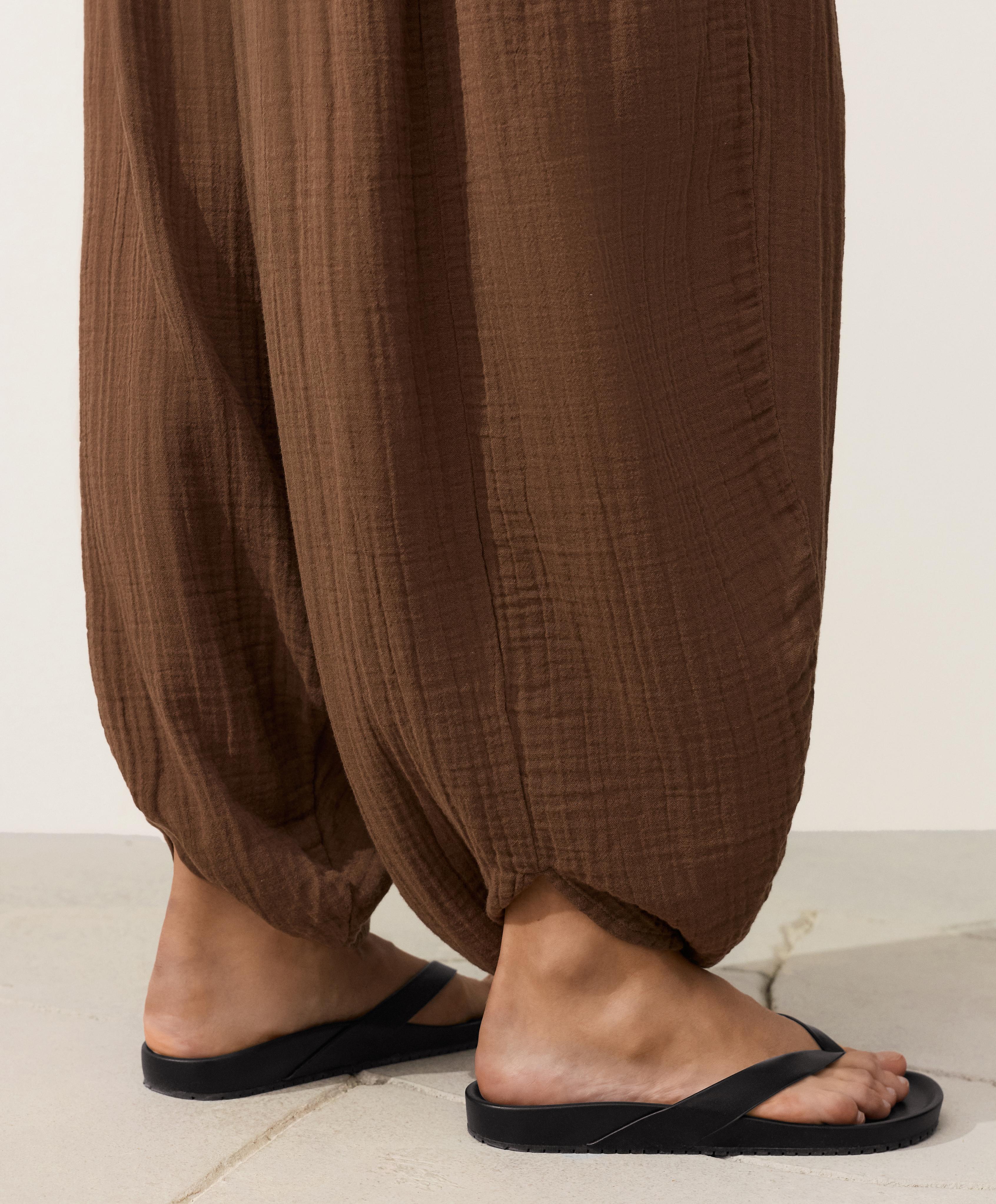 100% cotton muslin balloon trousers — TAN
