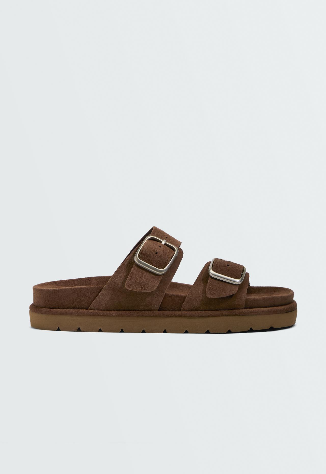 Buckle split-leather platform sandals — BROWN